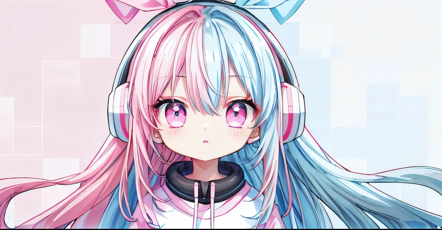 light blue long hair,Pink and white sweatshirt,pink eyes,black headphones,Lollipop in mouth