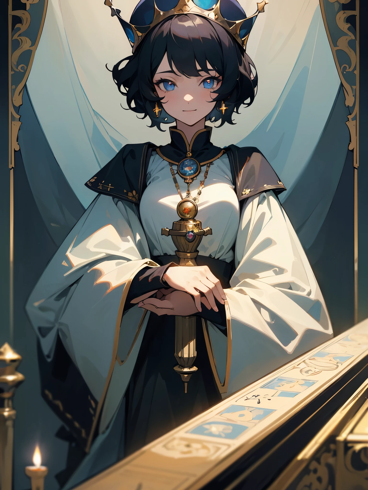 (masterpiece, top quality, best quality, official art, beautiful and aesthetic:1.2), (1girl:1.3), short curly hair, black hair, extremely detailed, portrait, looking at viewer, solo, (full body:0.6), detailed background, close up, glowing eyes, (cold arctic winter theme:1.1), princess, charlatan, smile, calm, sitting at table, princess royal clothes, long sleeves covering her hands, chalice, tarot cards, crown, jewels, medieval (curtain interior:1.1) background, paintings in background, lights, magical atmosphere, bright sky, dutch angle