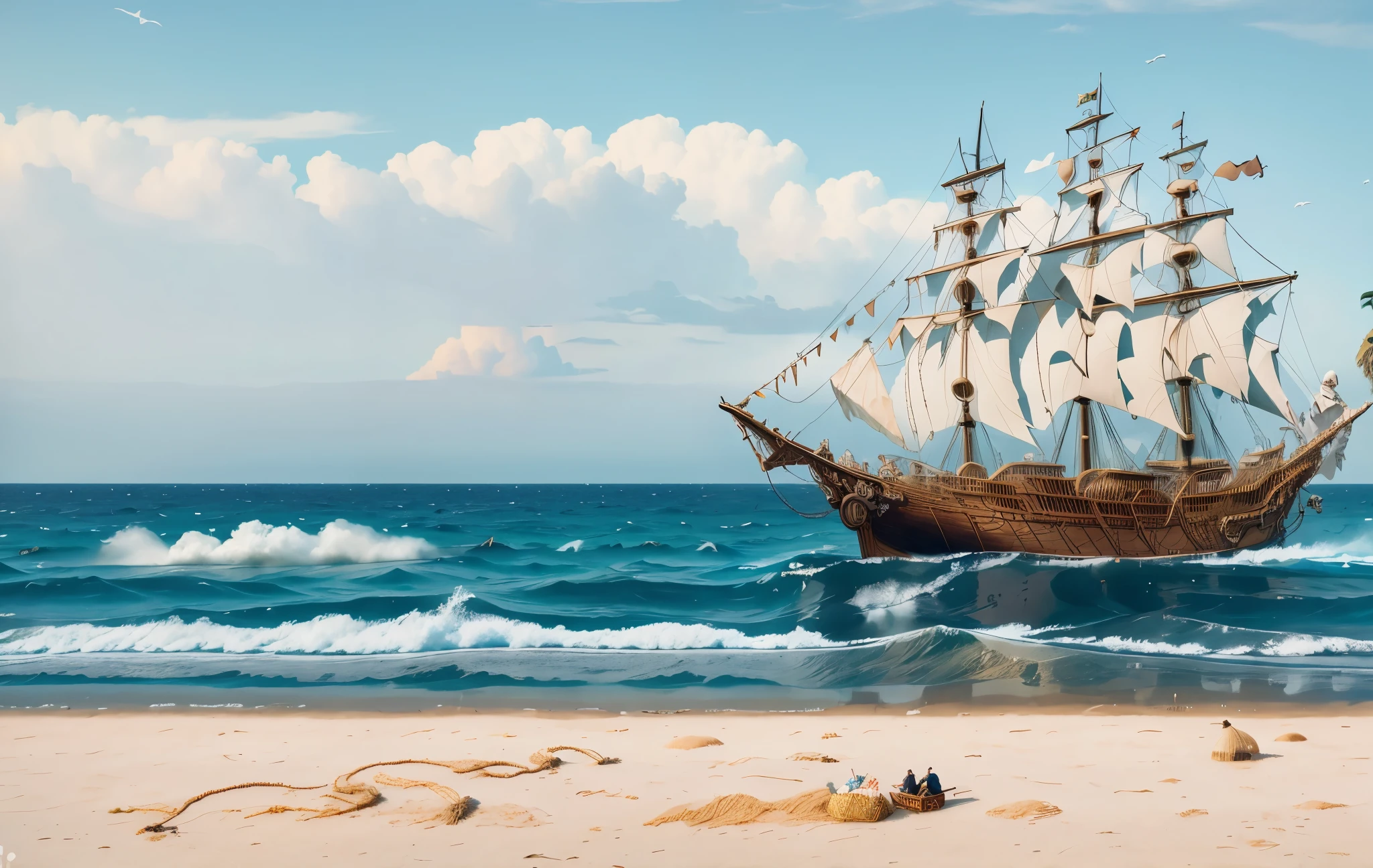 There is a sailboat floating in the sea, an impossibly huge pirate ship, pirate ship in background, pirate ship, pirate ships, old pirate ship, skeletons on a pirate ship, pirate themed, A boat on a desert island, pirate, on a pirate ship background, pirates of the carribean, pirate setting, pirates, flying dutchman