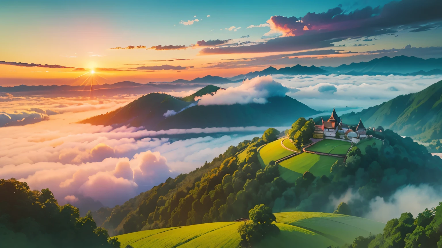 An anime-style panoramic drone shot captures the serene beauty of Chiang Rai's lush green mountains, enveloped in a gentle sea of mist at dawn.
Strawberry fields add vibrant patches of red to the landscape, contrasting with the verdant hues.
Above, the sky is a clear, brilliant blue, with the rising sun casting a soft, golden light that illuminates the scene with a dreamy glow.