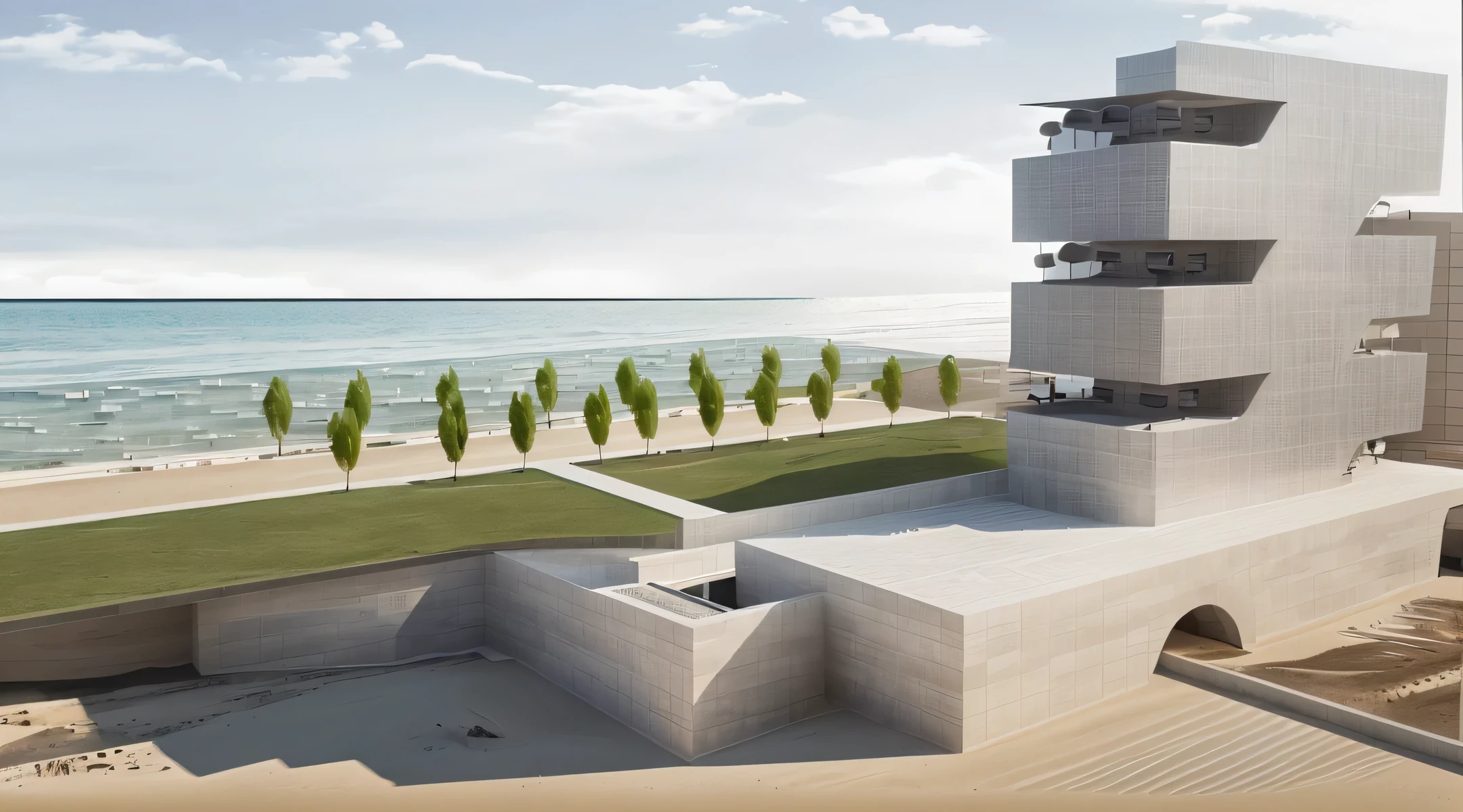 Building of the&#39;hotel, outside point of view, construction site near the beach, realistic, il y a beaucoup d&#39;arbres autour