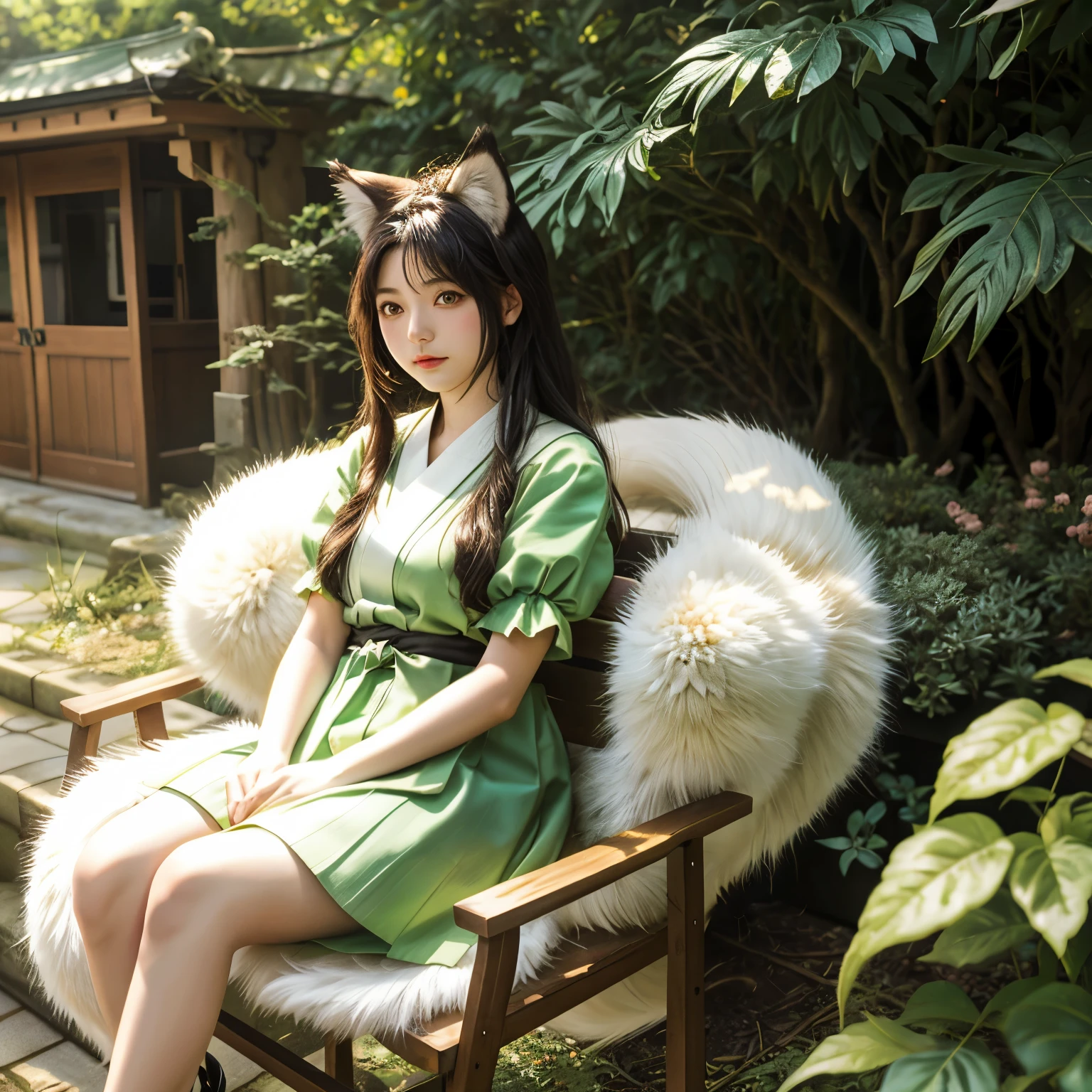kistune, mofu mofu, fluffy, kitsune no ningen, fox human girl, outside, green plants background, sitting on chair, white, fluffy