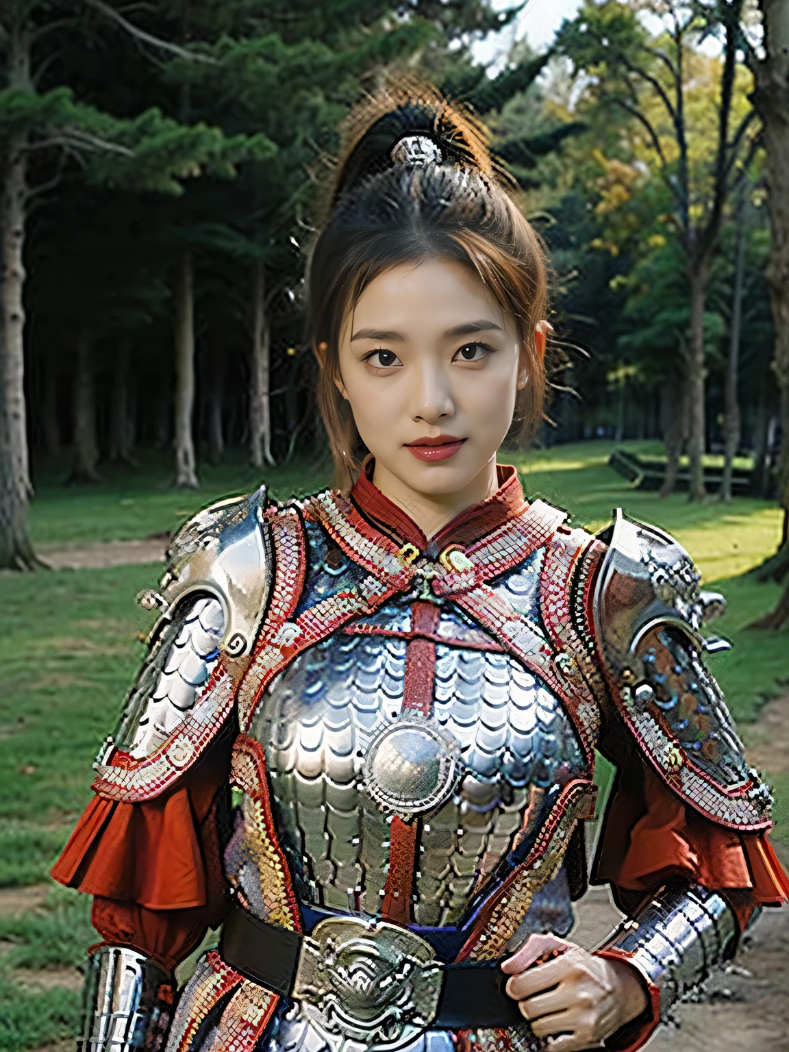 masterpiece,Best quality,HD quality,face close-up,A high resolution,8K,Ancient battlefield background, ((field:1.8)),(Female generals on the battlefield in the Han Dynasty),18-year-old girl,(long ponytail hairstyle),cparted lips,Full and erect breasts,Noble and charming,Elegant and serious,Chinese armor,sword, Chinese architecture, Blue by Capelet,,The combination of white metal and red leather,chest armor,metallic luster,Leather buckle,Exquisite pattern,mysterious badge,Cool and gorgeouig breasts)),Chest groove,Three Kingdoms character painting style,Photo pose,oc render reflection texture,charming smile,Head-up shot,bright afternoon,woodland background