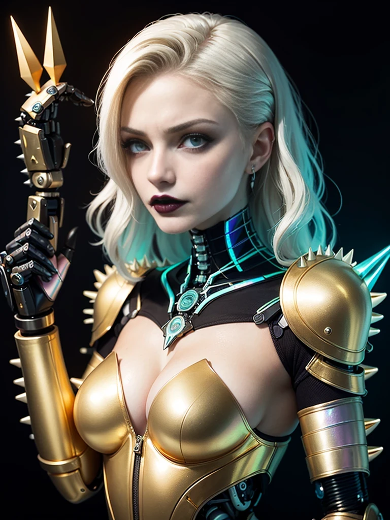 ((best quality: 1.5)) ((masterpiece: 0.8)), intricate details, sharp focus, professional, photorealistic, real life, realistic representation of the face, ((((solo, 1girl) athletic assassin, (albino, albino, upset expression, metallic lipstick, (mechanical arm, cyborg, [flat chest:medium breasts:0.2], underboob))))) bright glow, dynamic pose, gorgeous perfect face, in the style of realistic and hyper detailed renderings, dark room, dark background, black background, solo, BREAK; BREAK ((((smirking, dark wavy hair, blackout gothic eyeshadow, black lips)))), (freckles: 0.7), ((body tattoo: 0.3)), ((fujicolor)), BREAK; BREAK ((((futuristic (seafoam gold lacquered armor:1.8, ((iridescent spikes))), (cleavage)), photorealistic, hyper-realistic)))
