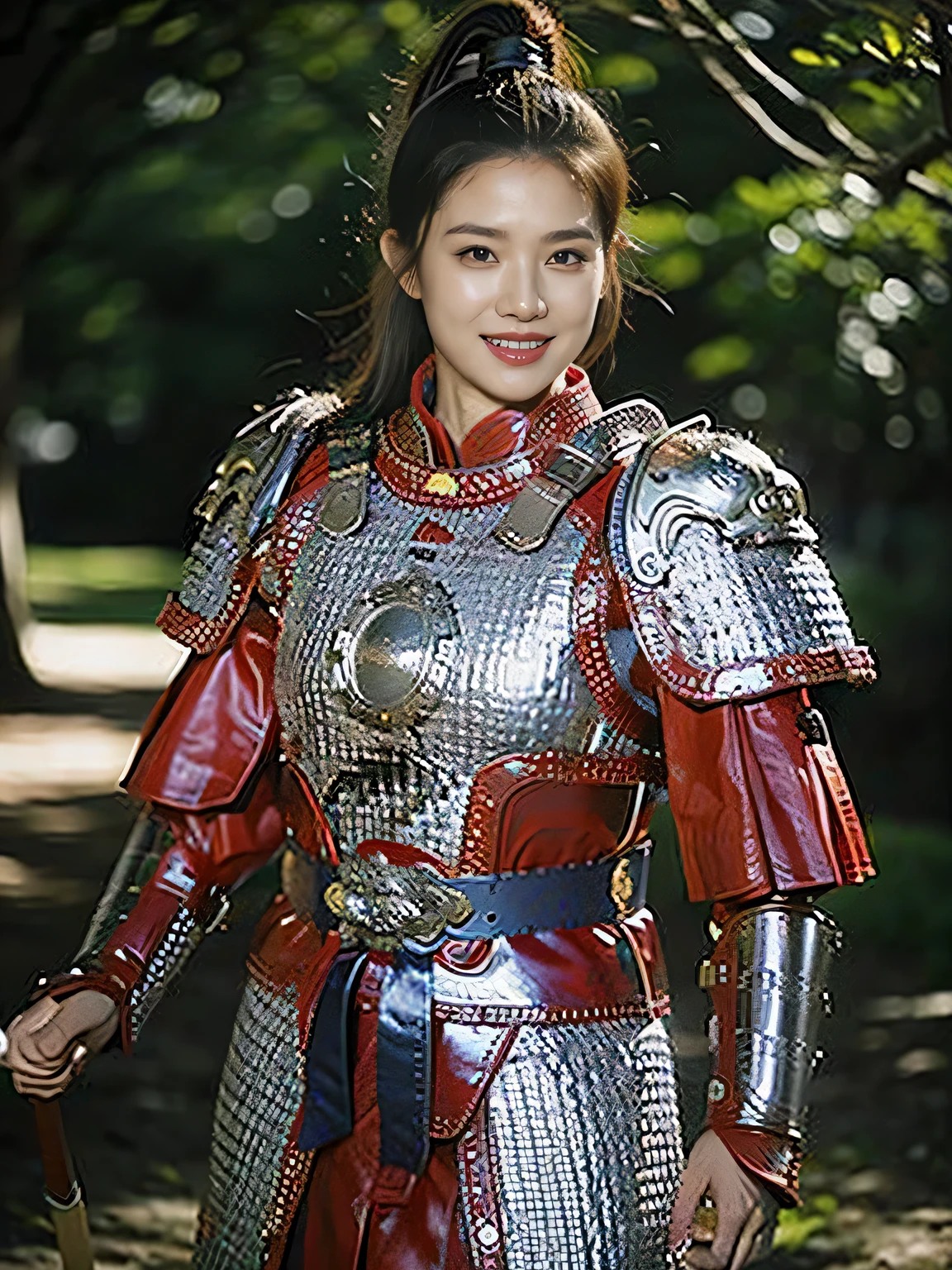 masterpiece,Best quality,HD quality,face close-up,A high resolution,8K,Ancient battlefield background, ((field:1.8)),(Female generals on the battlefield in the Han Dynasty),18-year-old girl,(long ponytail hairstyle),cparted lips,Full and erect breasts,Noble and charming,Elegant and serious,Chinese armor,sword, Chinese architecture, Blue by Capelet,,The combination of white metal and red leather,chest armor,metallic luster,Leather buckle,Exquisite pattern,mysterious badge,Cool and gorgeouig breasts)),Chest groove,Three Kingdoms character painting style,Photo pose,oc render reflection texture,charming smile,Head-up shot,bright afternoon,woodland background