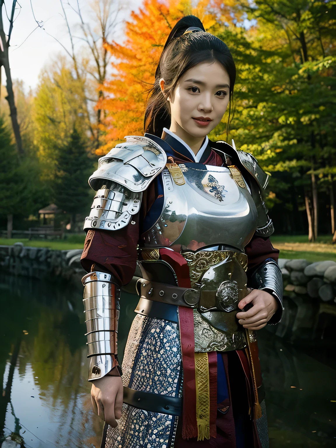masterpiece,Best quality,HD quality,face close-up,A high resolution,8K,Ancient battlefield background, ((field:1.8)),(Female generals on the battlefield in the Han Dynasty),18-year-old girl,(long ponytail hairstyle),cparted lips,Full and erect breasts,Noble and charming,Elegant and serious,Chinese armor,sword, Chinese architecture, Blue by Capelet,,The combination of white metal and red leather,chest armor,metallic luster,Leather buckle,Exquisite pattern,mysterious badge,Cool and gorgeouig breasts)),Chest groove,Three Kingdoms character painting style,Photo pose,oc render reflection texture,charming smile,Head-up shot,bright afternoon,woodland background
