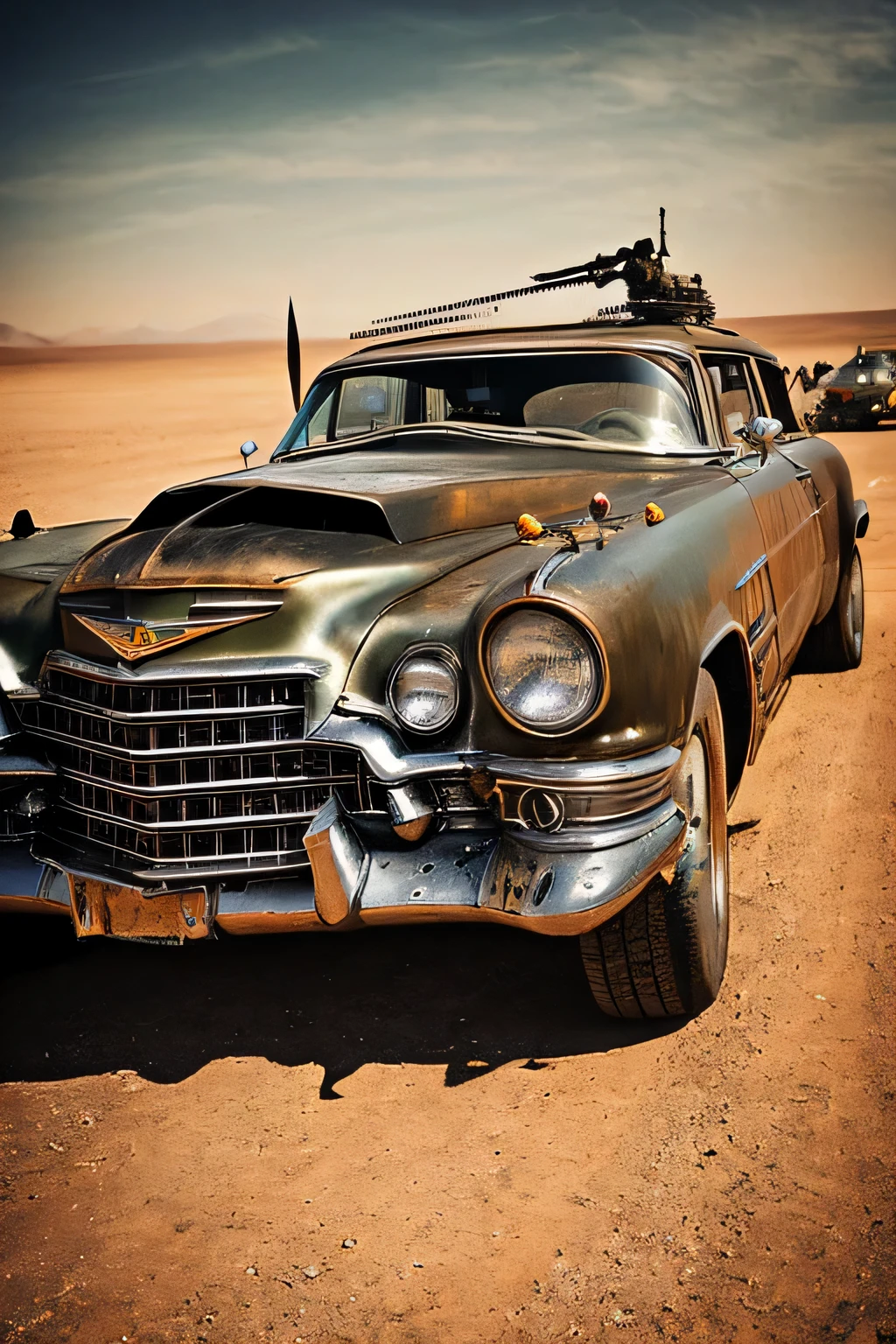 faithful image of an old rusty 1955 cadilac eldorado with spikes and spikes on the hood, military style with modifications, carro steampunk, dramatic art, estilo de arte dieselpunk, apocalyptic road warrior vibe, a girl with sunglasses is inside the car, Arte digital surreal, Mad Max inspirado, heavy metallic artwork, simetria da face cromada, arte Steampunk digital, It&#39;s not the Mad Max style, metallic art, It&#39;s not Filip Hodas&#39; art style, arte digital steampunk, dieselpunk, em um mundo hightech
