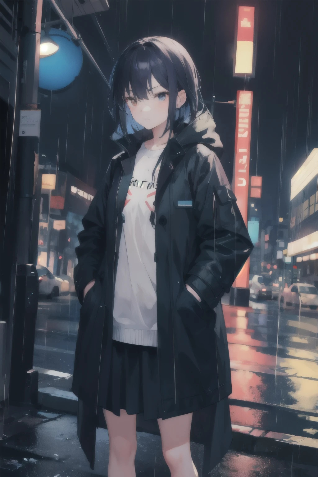 1 girl,night city,rain,coat,hands in pockets