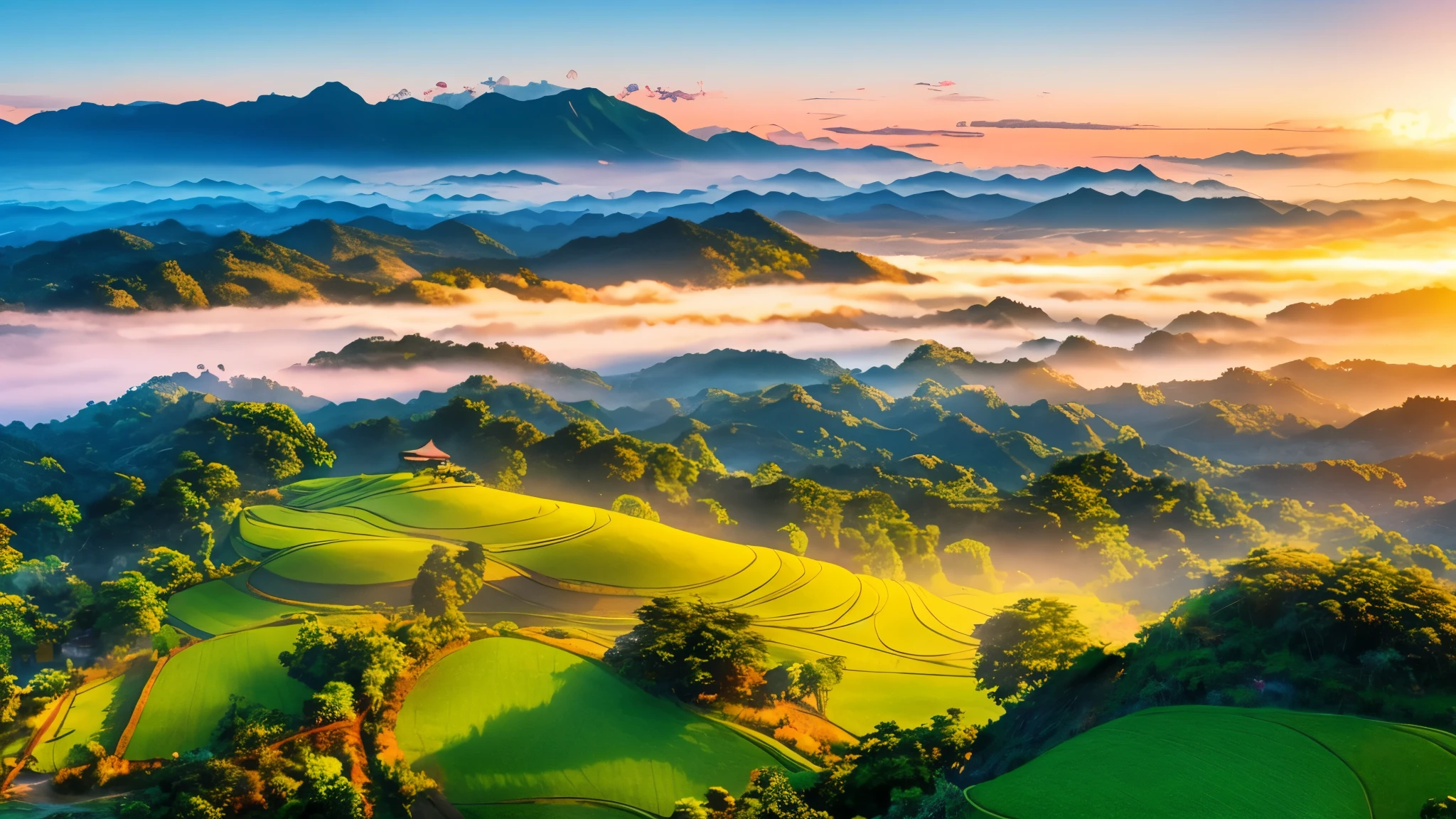 An anime-style panoramic drone shot captures the serene beauty of Chiang Rai's lush green mountains, enveloped in a gentle sea of mist at dawn.
Strawberry fields add vibrant patches of red to the landscape, contrasting with the verdant hues.
Above, the sky is a clear, brilliant blue, with the rising sun casting a soft, golden light that illuminates the scene with a dreamy glow.