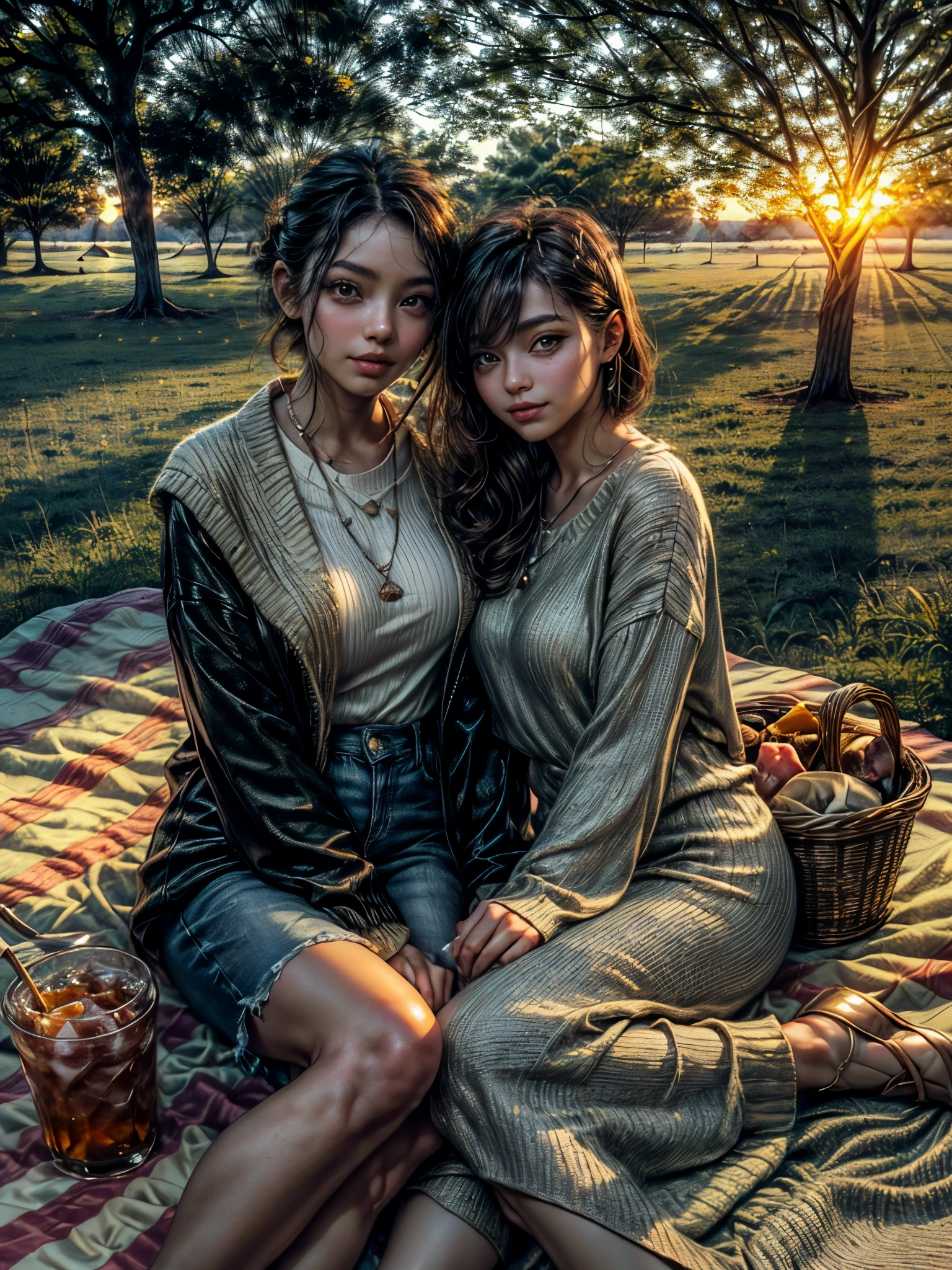 (((two young people 1 man and 1 woman heterosexual:1.5)), ((beautiful and happy, Picnic, 1 basket with food and drink on the ground, the young couple sitting on a beautiful and colorful blanket on the grass: 1.5 ))), (hyper detailed: 1.3), ((country hat style casual clothing, hair ornaments, full shot: 1.5)), ((Beautiful woman with shiny hair and hyper detailed style: 1.3)), ((background of sunset a beautiful landscape behind: 1.3 )))((dream atmosphere, soft and magical light:1.3)), ((Imaginative scene particles of light falling from the dream sky)), ((Meticulously detailed perfect faces and bodies: 1.3)), ((wide shot: 1.4 ) ) ,((best quality) ), ((masterpiece)), 3D, , (((sunset:1.2))), (photorealistic:1.4), ((Front Camera )), (smiling happily), ((Film lighting:1.2)),. 32k.