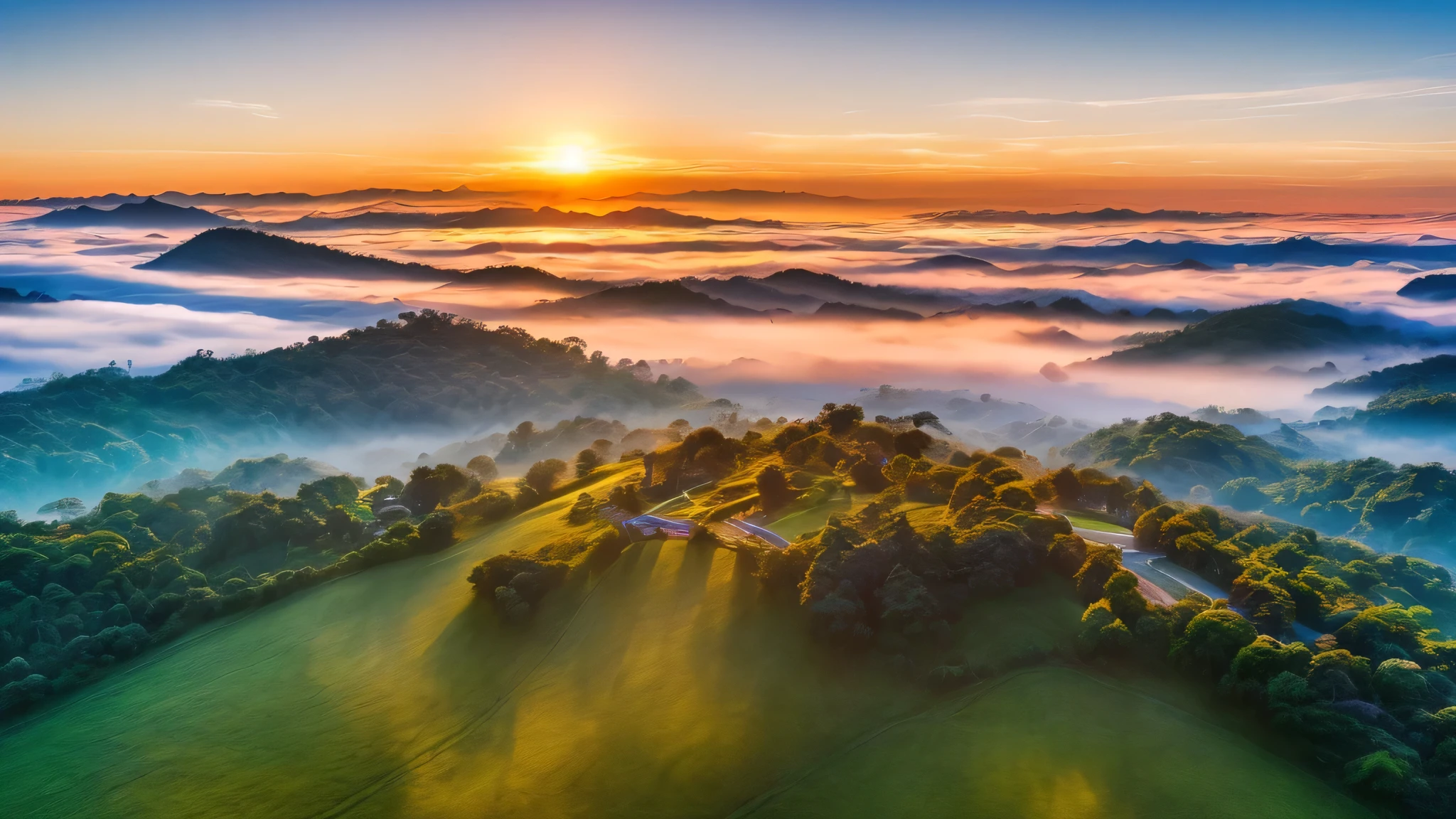 Anime-style panoramic drone shots capture the tranquil beauty of Chiang Rai's lush green mountains., Covered in a gentle sea of mist in the morning..
Strawberry fields add bright red to the landscape., Contrast with the lush shades of green..
above, The sky is clear., Bright Blue, With the sun shining softly, Golden light illuminates the scene with a dreamy glow..