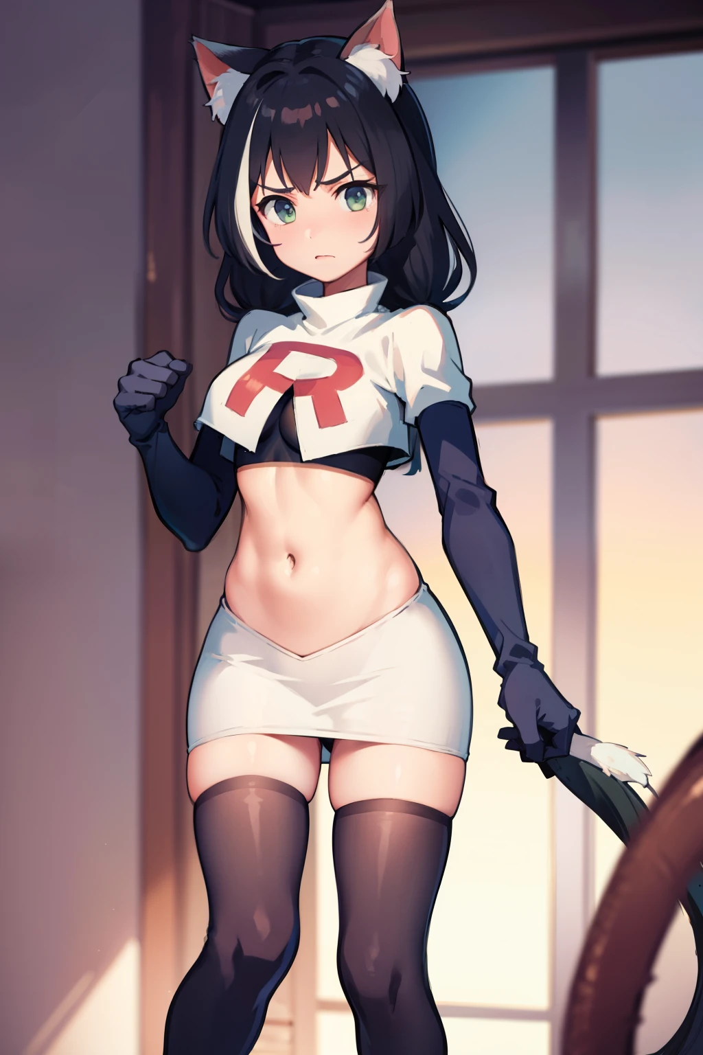 karyl,low twintails, twintails, cat tail,team rocket,team rocket uniform,white skirt,red letter R,crop top,black thigh-highs,black elbow gloves