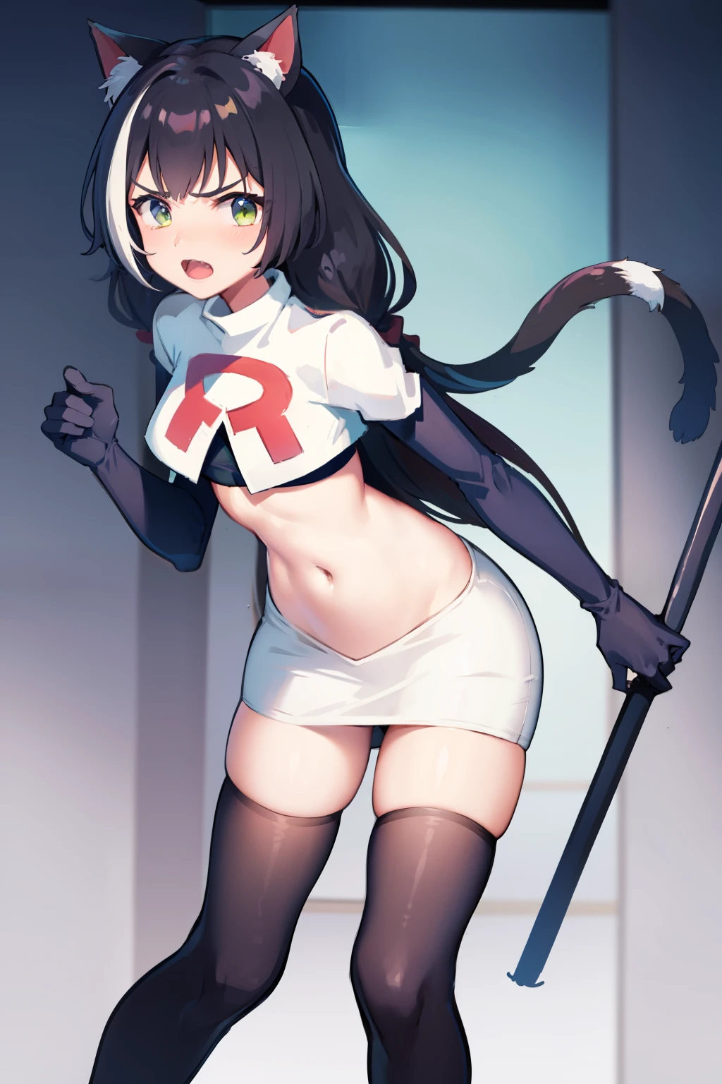 karyl,low twintails, twintails, cat tail,team rocket,team rocket uniform,white skirt,red letter R,crop top,black thigh-highs,black elbow gloves