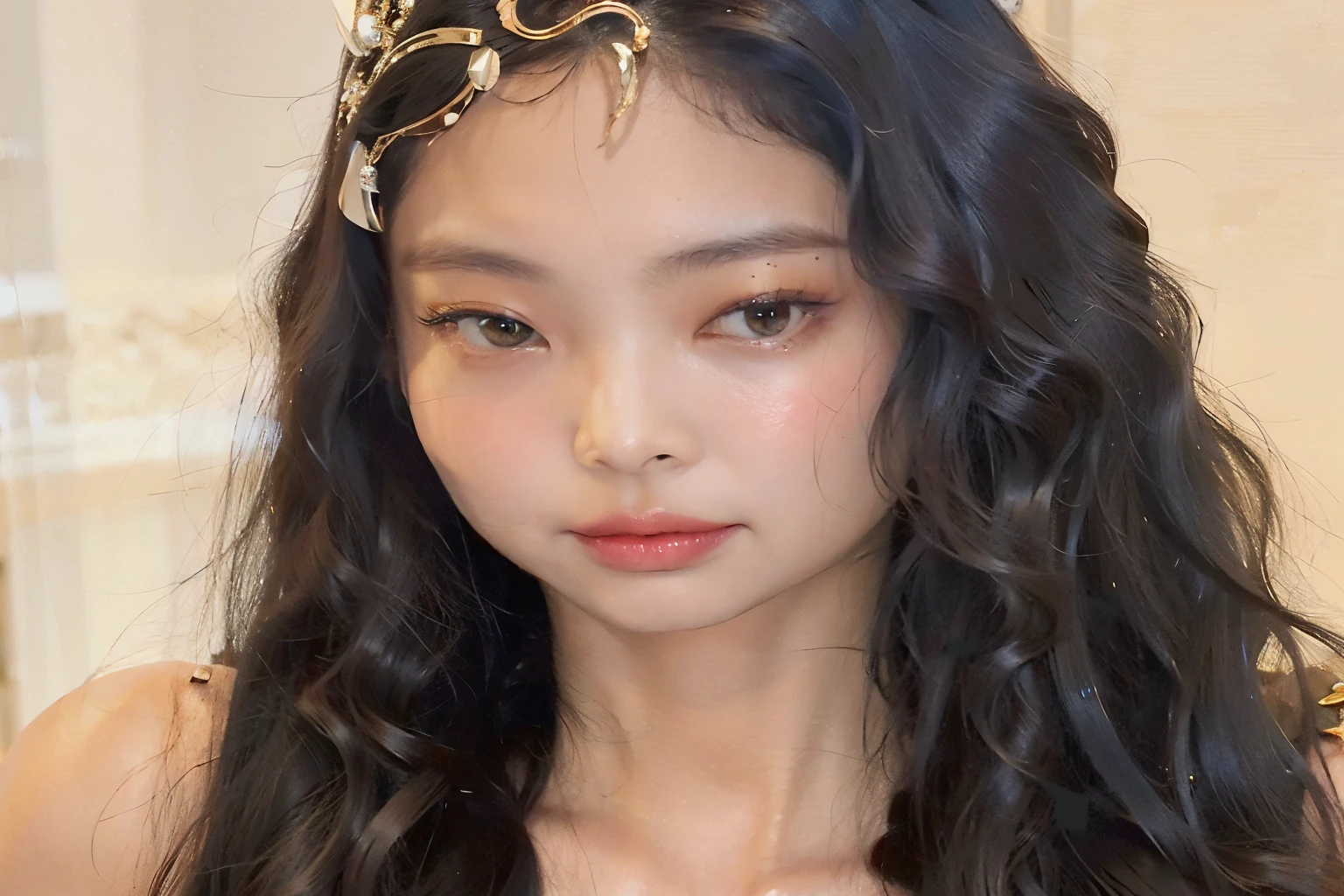 Mujer arafed con el pelo largo con una diadema de oro, Jennie rosa negra, con pelo largo y rizado, Gongbi, flequillo rizado, jaeyeon nam, Suzuki Kiyoko, el corte de hime, wenfei ye, Yoshitomo Nara, heonhwa choe, asian guy, Marin Kitagawa, gema chen, kim taejin