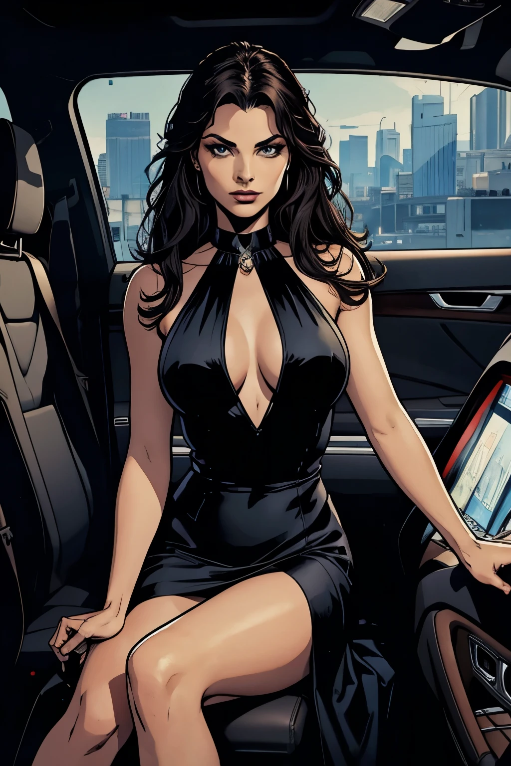 Absurd resolution, high resolution, (masterpiece: 1.4), hyperdetail, 1girl, facial focus, night, mature, beautiful and sexy woman, successful person, black evening dress, serious and cold expression, sitting in a luxury car (1.3)