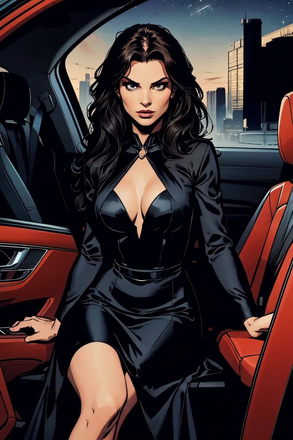 Absurd resolution, high resolution, (masterpiece: 1.4), hyperdetail, 1girl, facial focus, night, mature, beautiful and sexy woman, successful person, black evening dress, serious and cold expression, sitting in a luxury car (1.3)