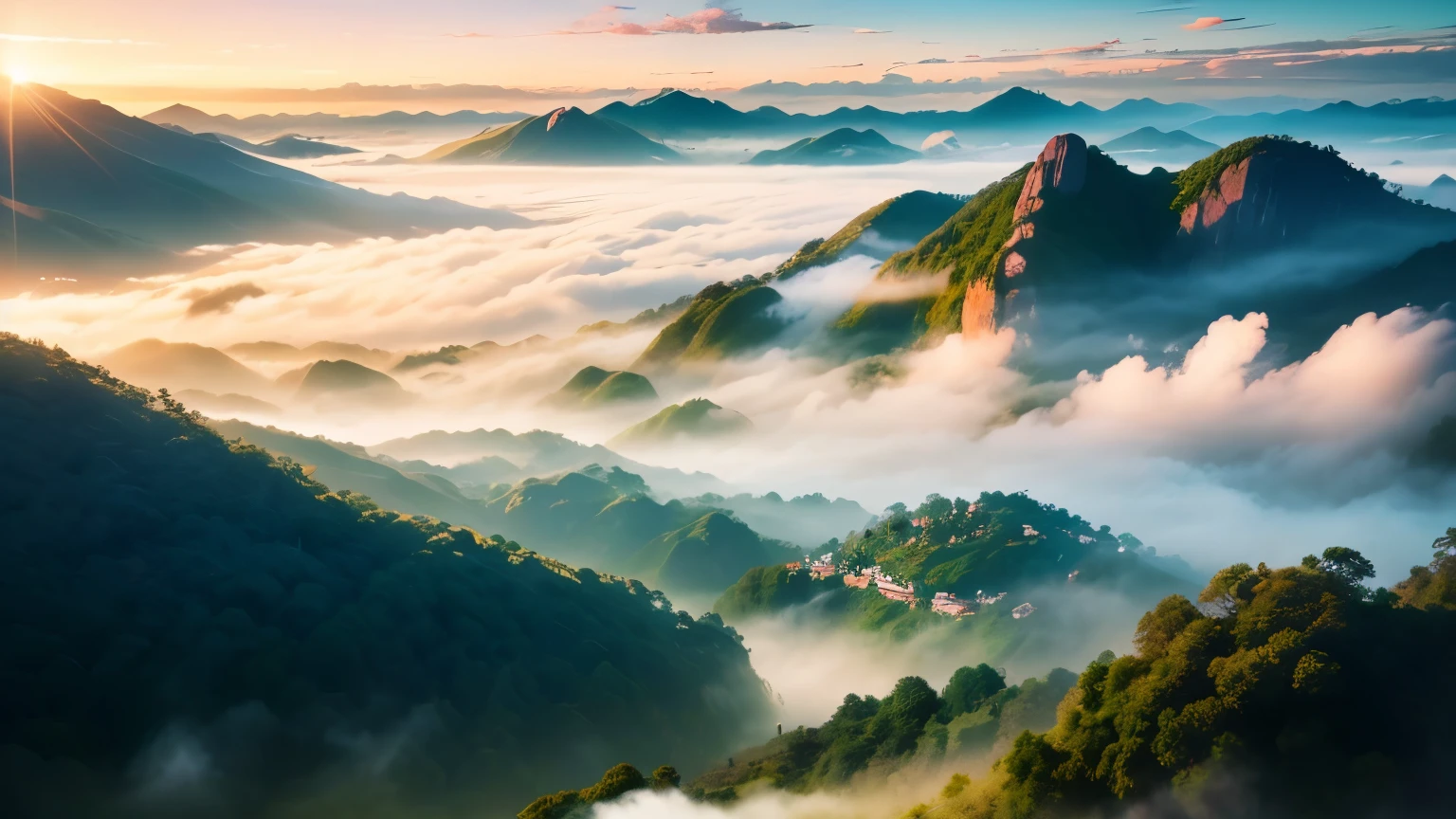 An anime-style panoramic drone shot captures the serene beauty of Chiang Rai's lush green mountains, enveloped in a gentle sea of mist at dawn. Strawberry fields add vibrant patches of red to the landscape, contrasting with the verdant hues. Above, the sky is a clear, brilliant blue, with the rising sun casting a soft, golden light that illuminates the scene with a dreamy glow.