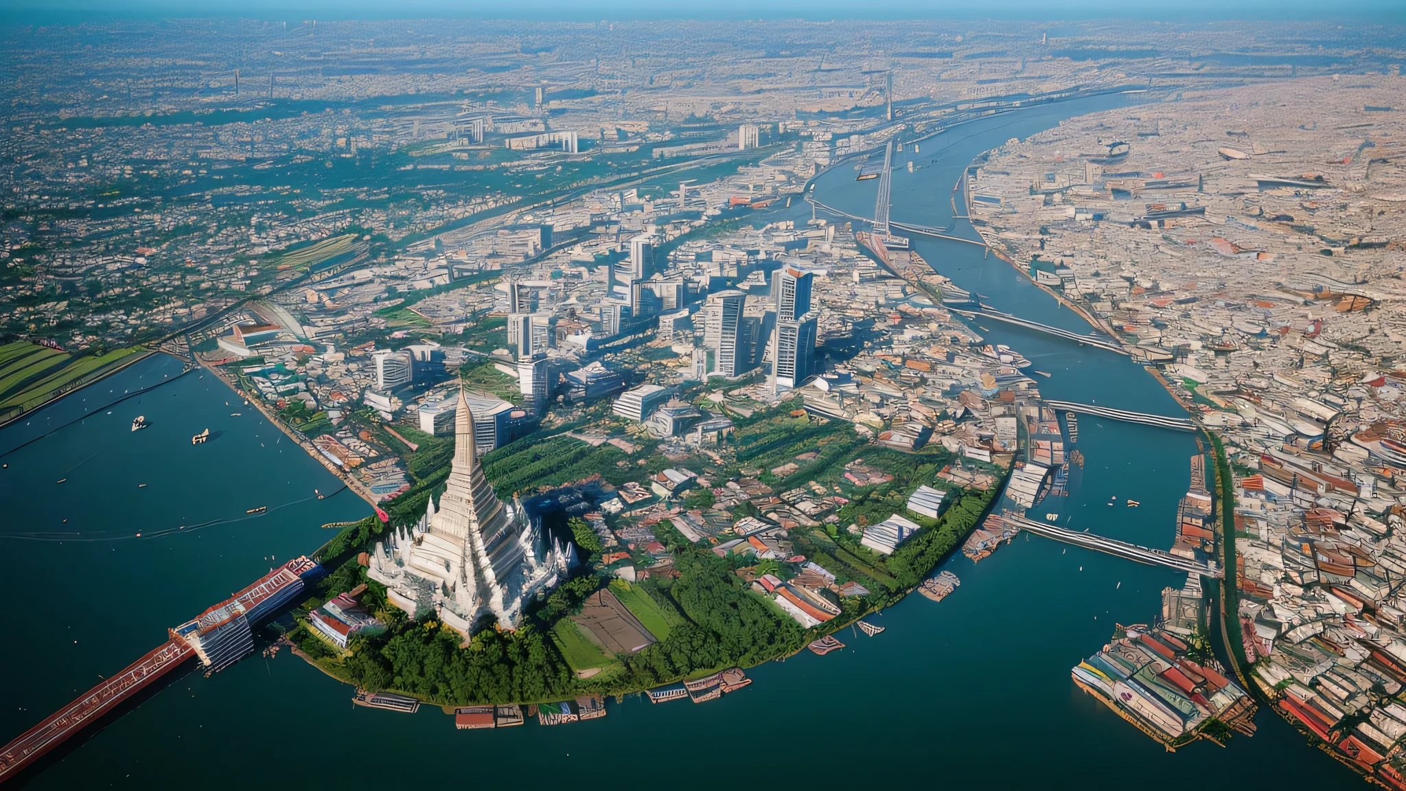 Anime style aerial view of Bangkok., Focusing on the glittering Wat Arun in the heart of the city..
The intricate details of the temple's architecture are highlighted in gold., Standing tall on the riverbank.
The surrounding cityscape was bathed in bright sunlight., clear sky, It showcases the perfect blend of tradition and modernity..