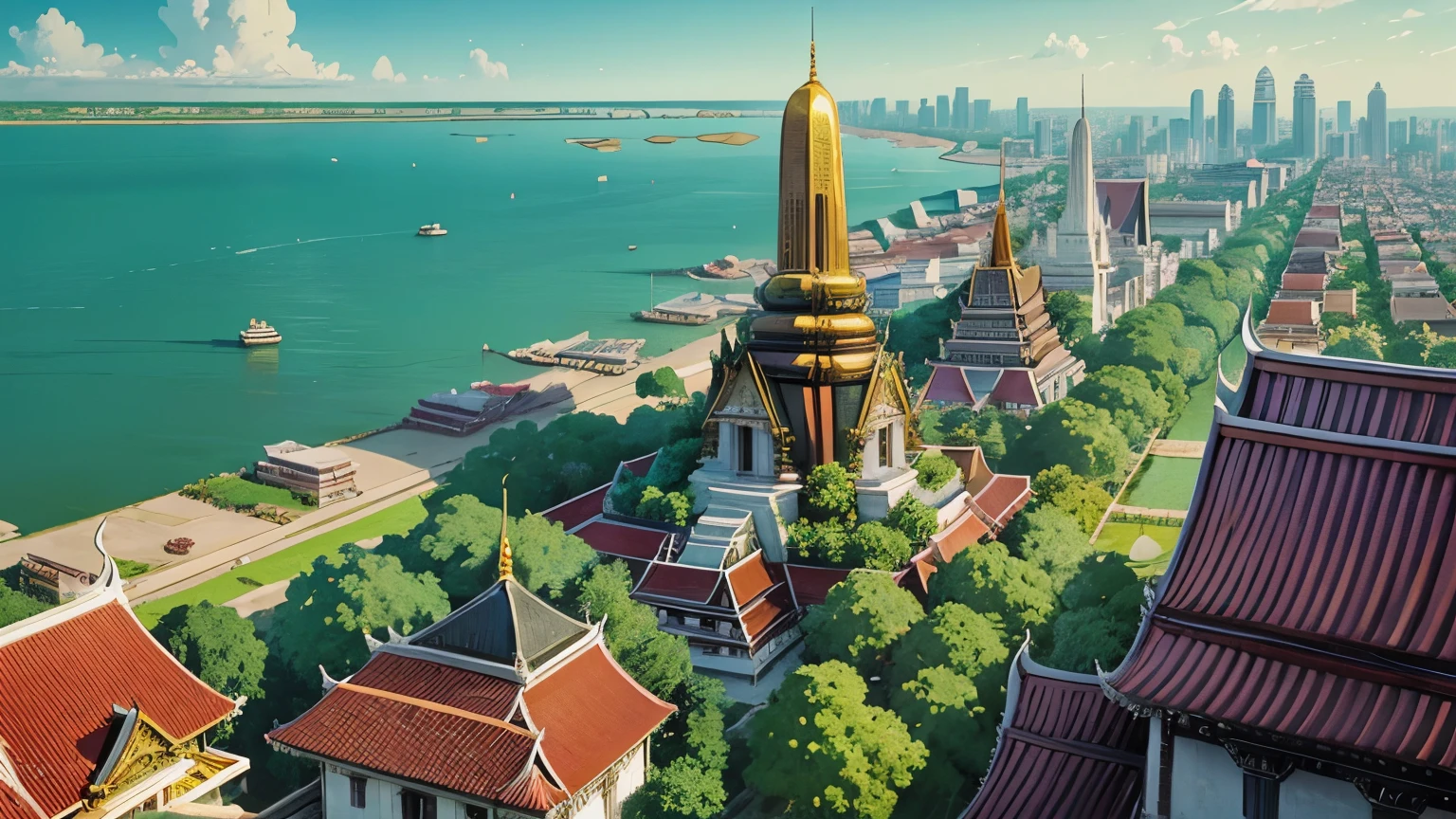 An anime-style aerial view of Bangkok, with a focus on the glittering Wat Arun temple at the heart of the city.
The intricate details of the temple's architecture are highlighted in gold, standing majestically along the riverbank.
The surrounding cityscape basks in the bright, clear sky, showcasing a harmonious blend of tradition and modernity.