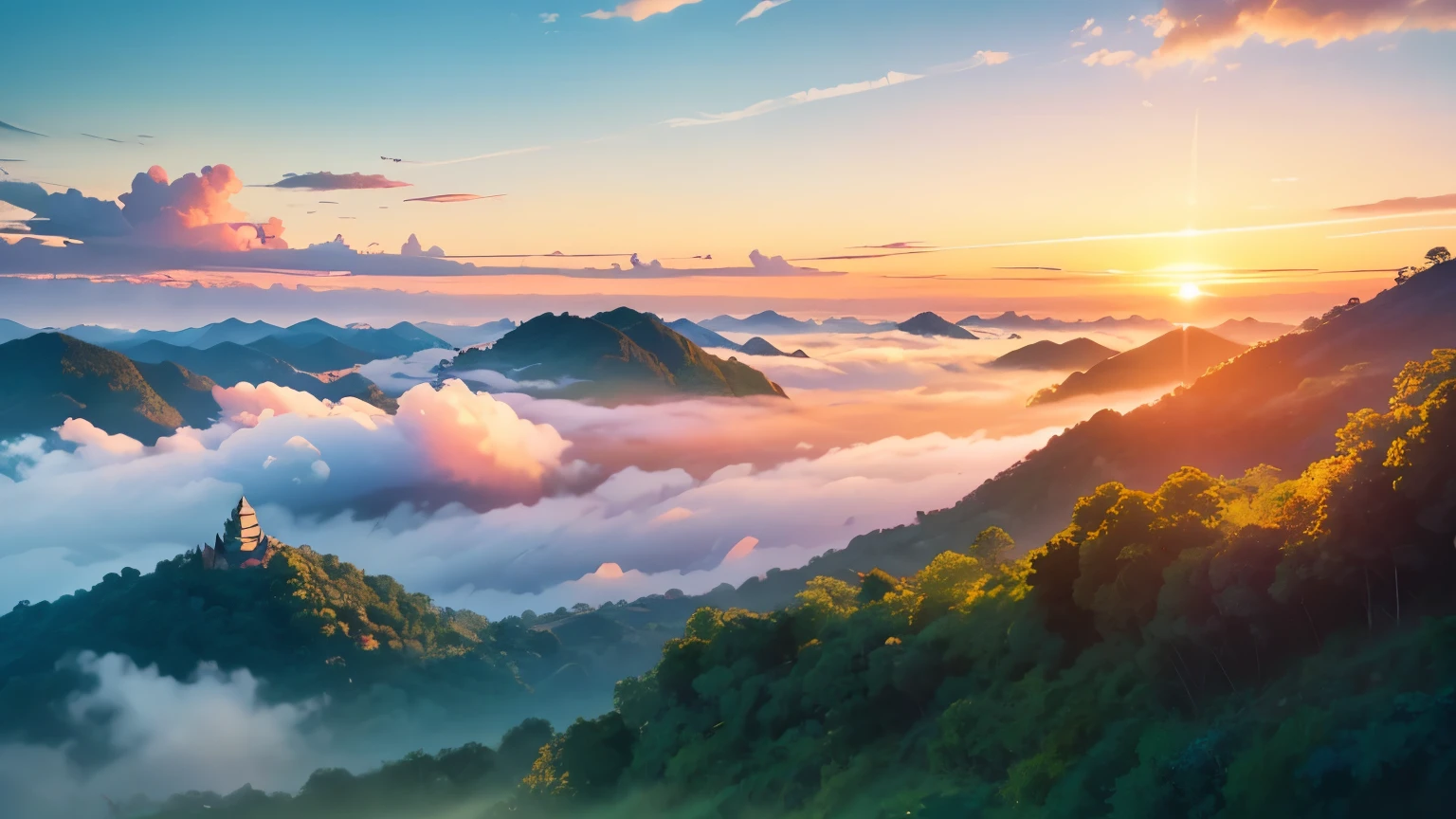 An anime-style panoramic drone shot captures the serene beauty of Chiang Rai's lush green mountains, enveloped in a gentle sea of mist at dawn.
Strawberry fields add vibrant patches of red to the landscape, contrasting with the verdant hues.
Above, the sky is a clear, brilliant blue, with the rising sun casting a soft, golden light that illuminates the scene with a dreamy glow.