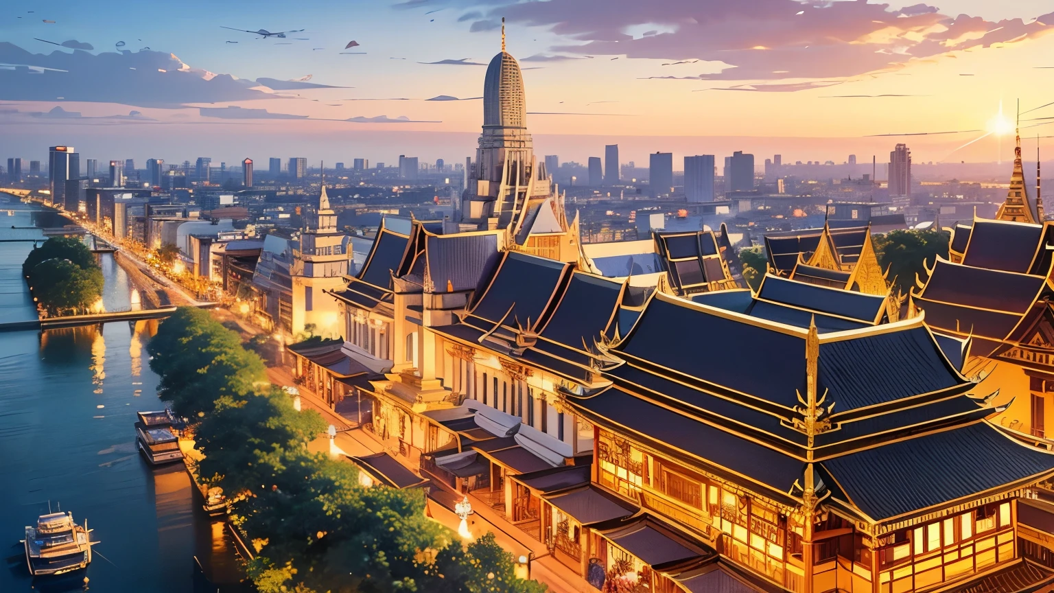 An anime-style aerial view of Bangkok, with a focus on the glittering Wat Arun temple at the heart of the city.
The intricate details of the temple's architecture are highlighted in gold, standing majestically along the riverbank.
The surrounding cityscape basks in the bright, clear sky, showcasing a harmonious blend of tradition and modernity.