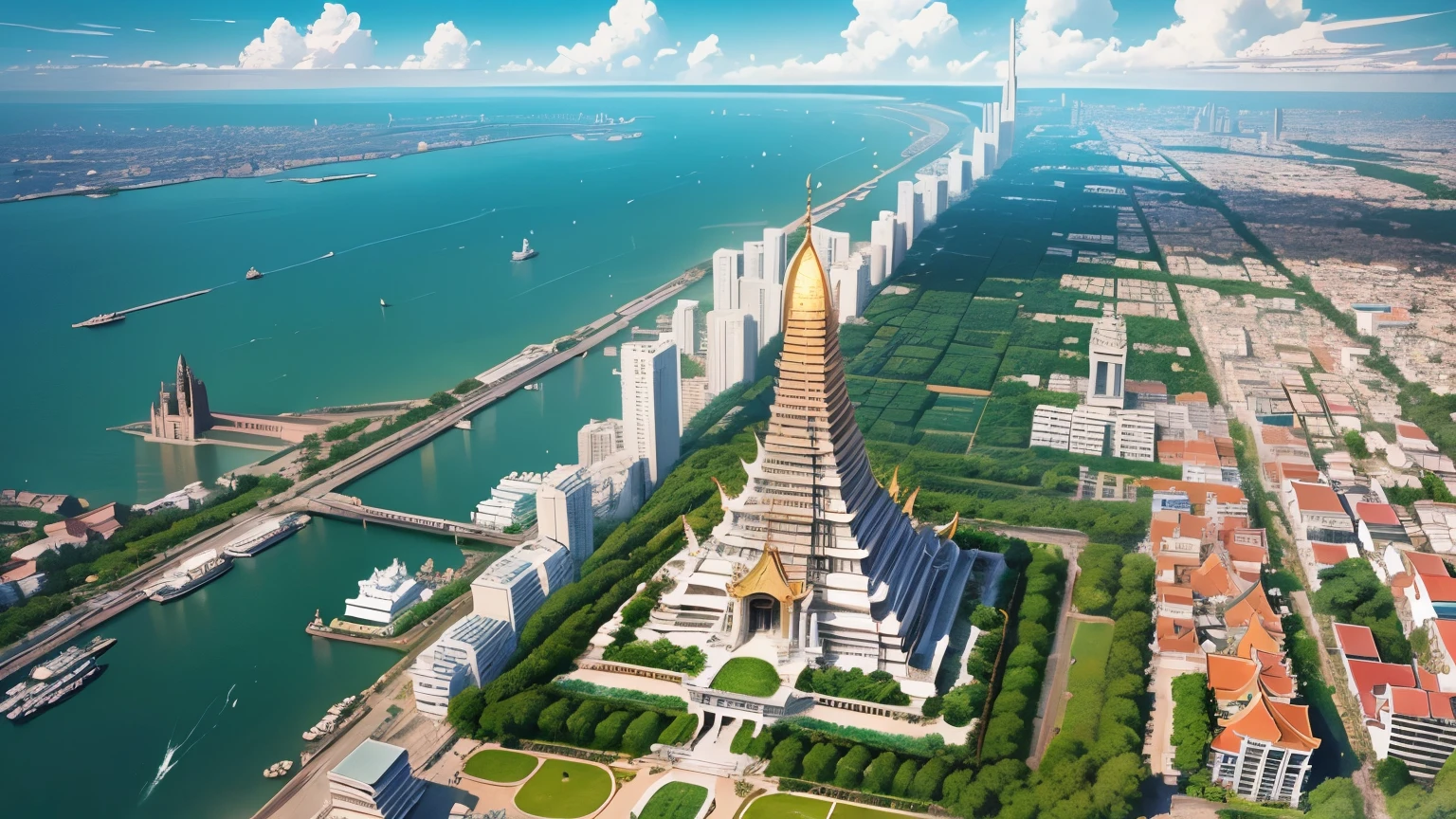 An anime-style aerial view of Bangkok, with a focus on the glittering Wat Arun temple at the heart of the city.
The intricate details of the temple's architecture are highlighted in gold, standing majestically along the riverbank.
The surrounding cityscape basks in the bright, clear sky, showcasing a harmonious blend of tradition and modernity.