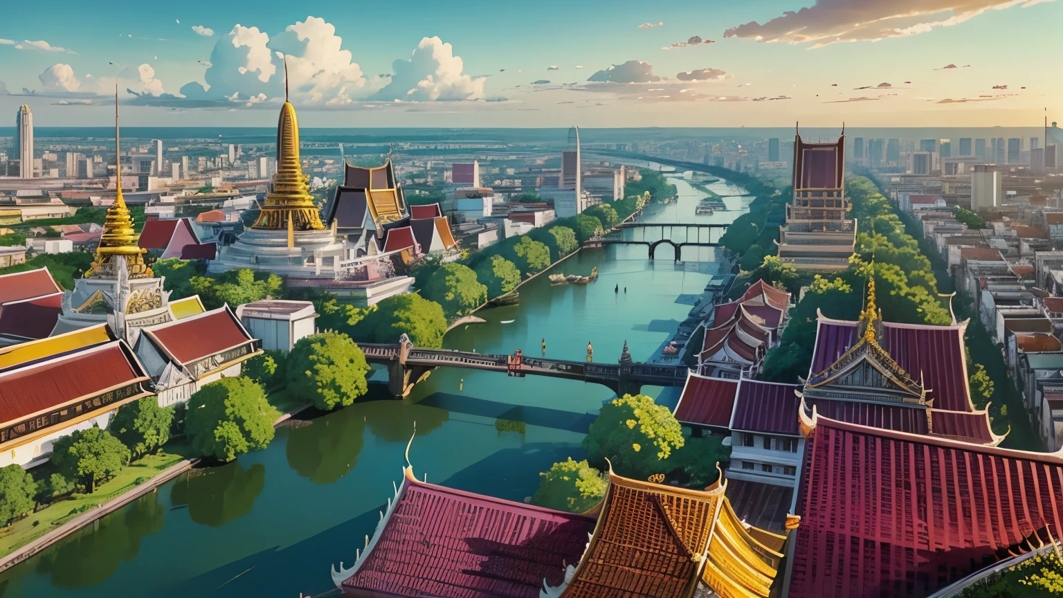 An anime-style aerial view of Bangkok, with a focus on the glittering Wat Arun temple at the heart of the city.
The intricate details of the temple's architecture are highlighted in gold, standing majestically along the riverbank.
The surrounding cityscape basks in the bright, clear sky, showcasing a harmonious blend of tradition and modernity.

