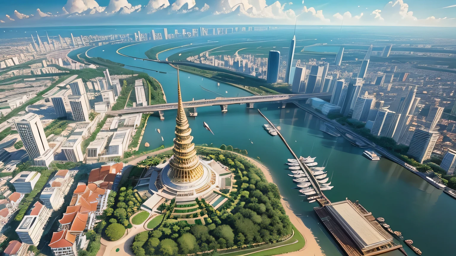 An anime-style aerial view of Modern Bangkok, with a focus on the glittering Wat Arun temple at the heart of the city. The intricate details of the temple's architecture are highlighted in gold, standing majestically along the riverbank. The surrounding cityscape basks in the bright, clear sky, showcasing a harmonious blend of tradition and modernity.