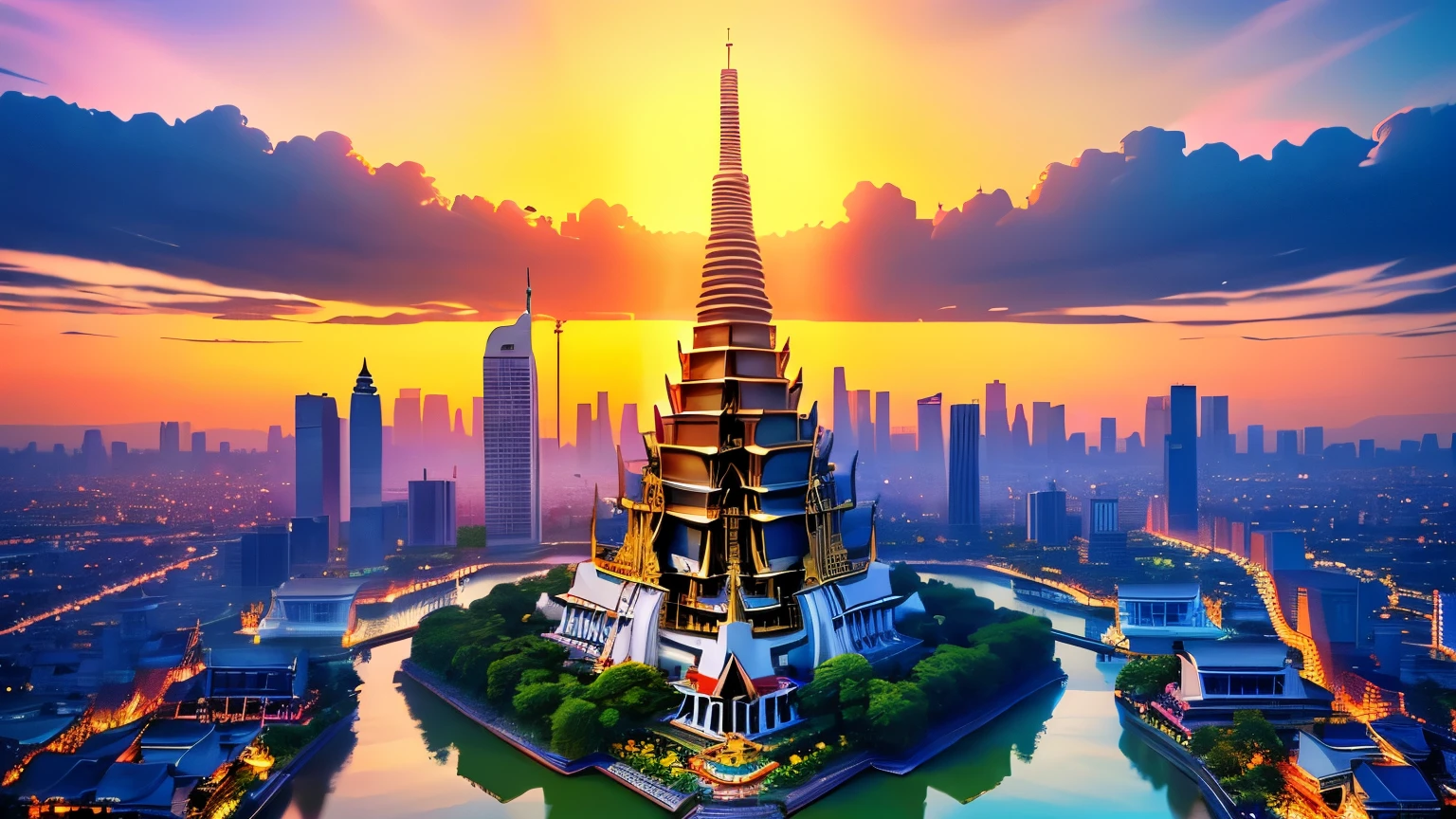 An anime-style aerial view of Bangkok, with a focus on the glittering Wat Arun temple at the heart of the city.
The intricate details of the temple's architecture are highlighted in gold, standing majestically along the riverbank.
The surrounding cityscape basks in the bright, clear sky, showcasing a harmonious blend of tradition and modernity.