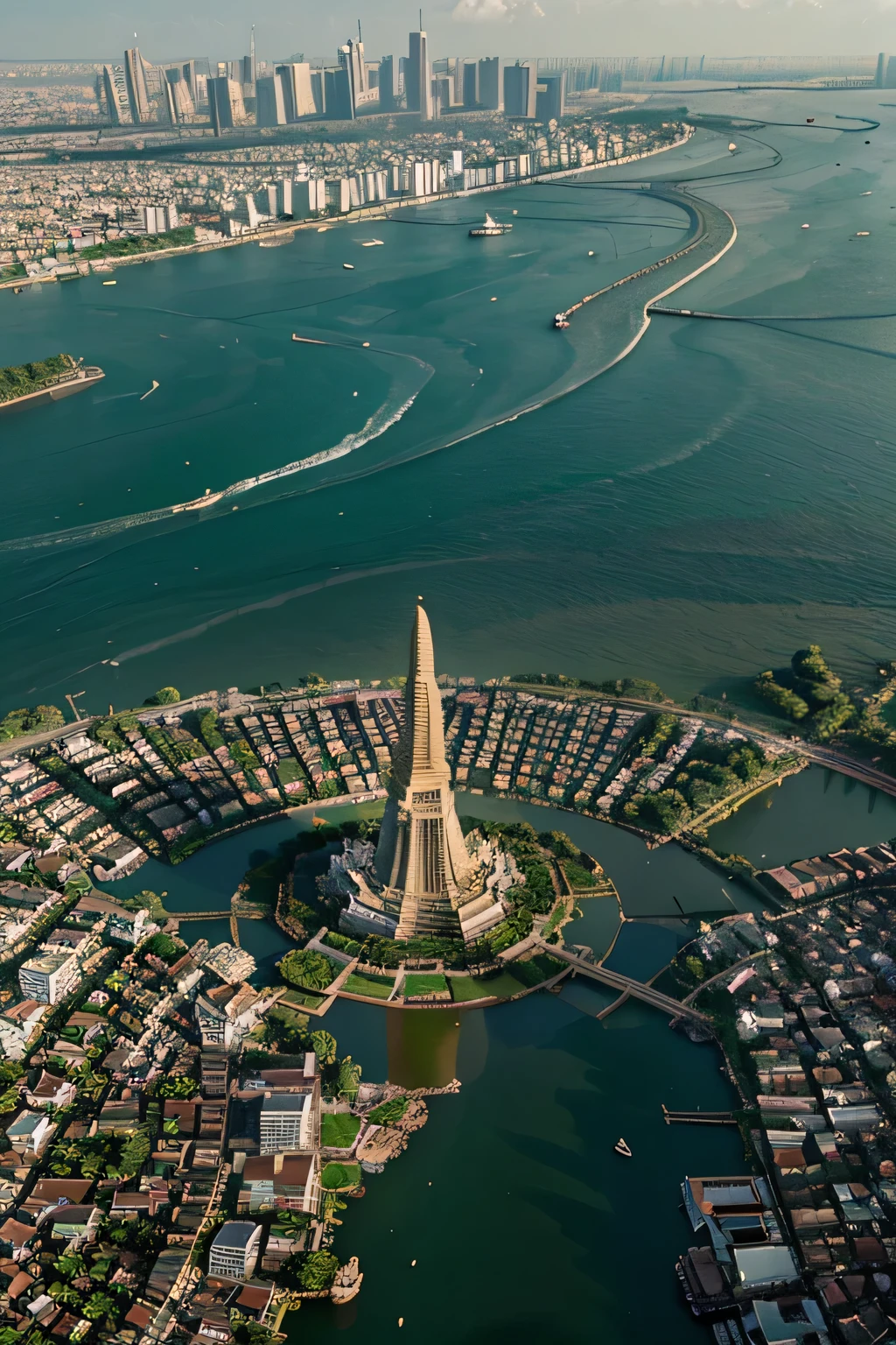 An anime-style aerial view of Bangkok, with a focus on the glittering Wat Arun temple at the heart of the city.
The intricate details of the temple's architecture are highlighted in gold, standing majestically along the riverbank.
The surrounding cityscape basks in the bright, clear sky, showcasing a harmonious blend of tradition and modernity.