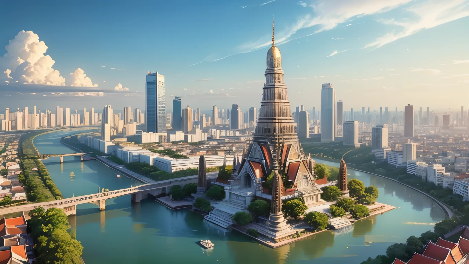 An anime-style aerial view of Bangkok, with a focus on the glittering Wat Arun temple at the heart of the city.
The intricate details of the temple's architecture are highlighted in gold, standing majestically along the riverbank.
The surrounding cityscape basks in the bright, clear sky, showcasing a harmonious blend of tradition and modernity.