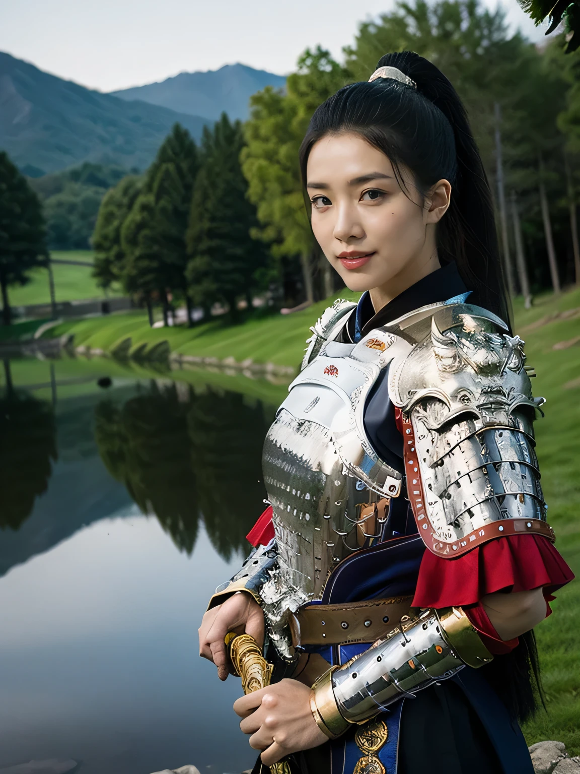 masterpiece，Best quality，HD quality，face close-up，A high resolution，8K，Ancient battlefield background, ((field：1.8))，(Female generals on the battlefield in the Han Dynasty)，18-year-old girl，（long ponytail hairstyle)，cparted lips，Full and erect breasts，Noble and charming，Elegant and serious，Chinese armor,sword, Chinese architecture, Blue by Capelet，，The combination of white metal and red leather，chest armor，metallic luster，Leather buckle，Exquisite pattern，mysterious badge，Cool and gorgeouig breasts))，Chest groove，Three Kingdoms character painting style，Photo pose，oc render reflection texture，charming smile，Head-up shot，bright afternoon，woodland background