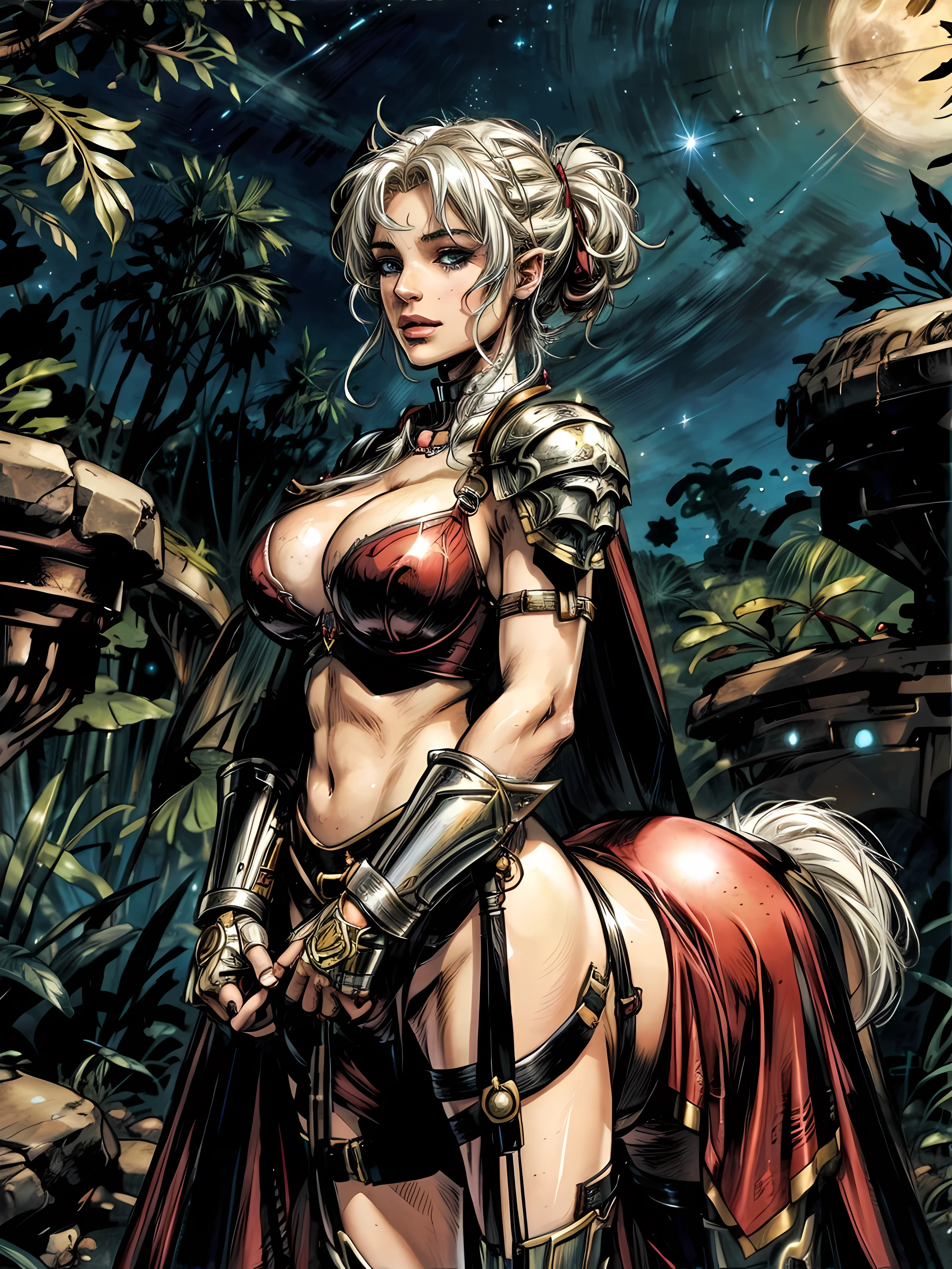 A young female centaur. amazonian-princess jungle setting. large cleavage. Very pale skin with freckles. thick lips. white-hair. thin eyebrows. long neck. smirking. seductive. . Wearing a triba black bra. armor, cosmic, planets space. vibrant, (red) masterpiece highres high quality high saturation