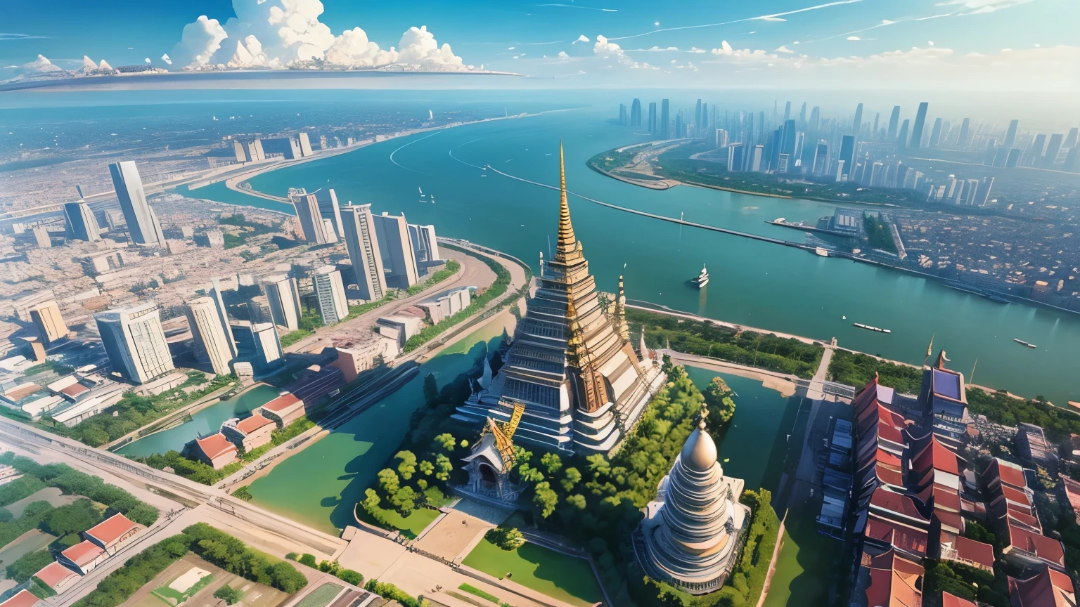 An anime-style aerial view of Bangkok, with a focus on the glittering Wat Arun temple at the heart of the city.
The intricate details of the temple's architecture are highlighted in gold, standing majestically along the riverbank.
The surrounding cityscape basks in the bright, clear sky, showcasing a harmonious blend of tradition and modernity.