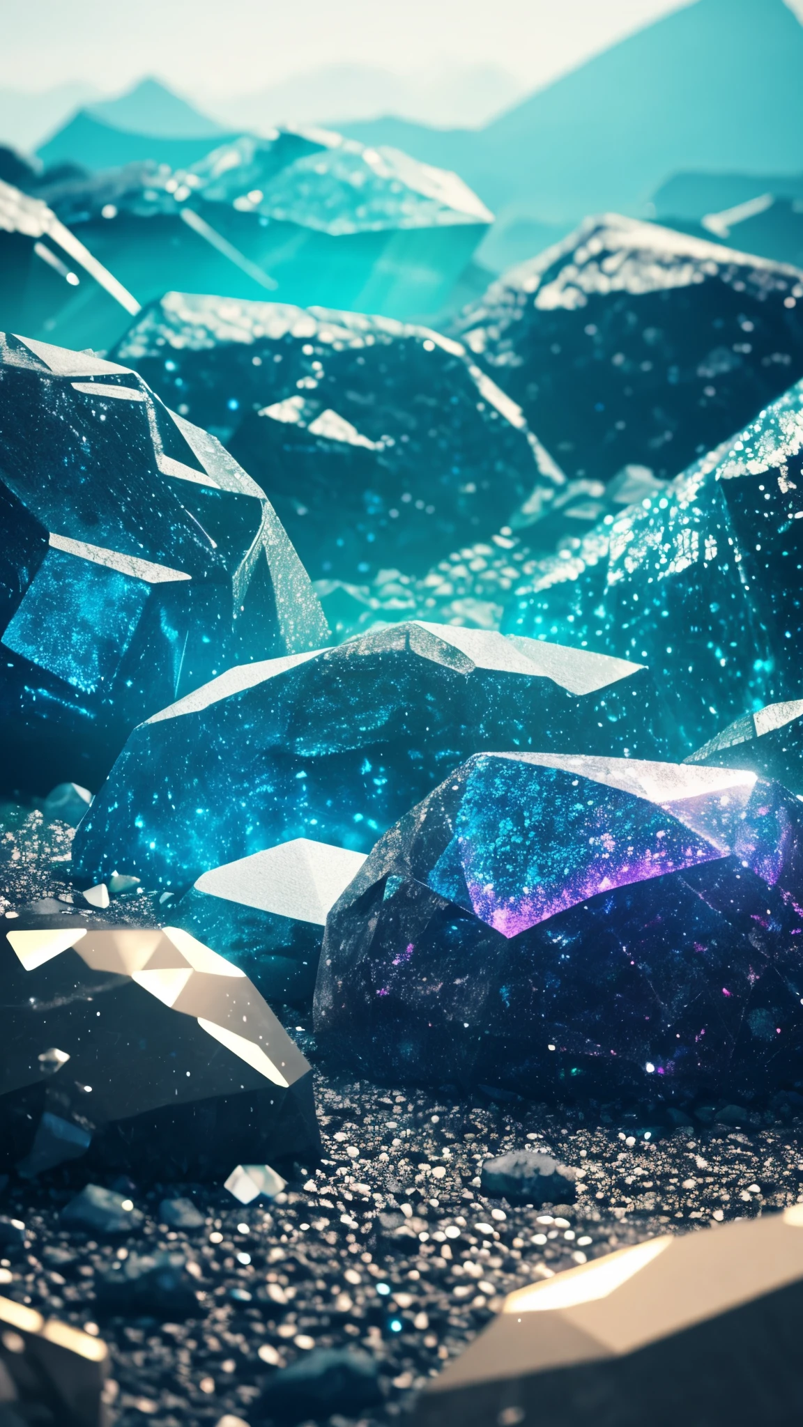 a close up of a bunch of crystals on a rock, full of glass. cgsociety, glowing crystals on the ground, glowing crystals, by Mike "Beeple" Winkelmann, by Mike Winkelmann, crystals enlight the scene, octane trending on cgsociety, by Beeple, beeple |, dimly glowing crystals