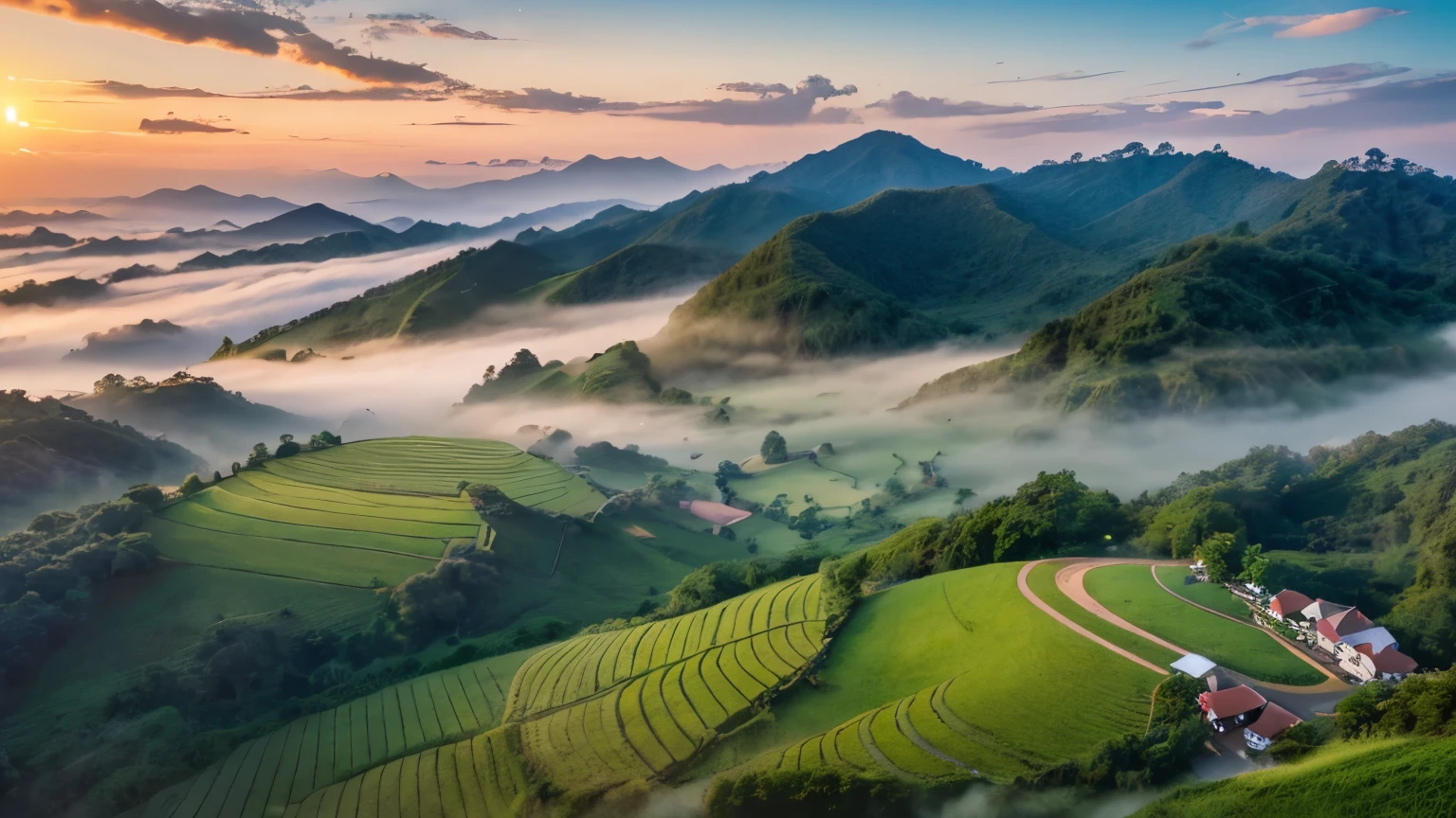 An anime-style panoramic drone shot captures the serene beauty of Chiang Rai's lush green mountains, enveloped in a gentle sea of mist at dawn.
Strawberry fields add vibrant patches of red to the landscape, contrasting with the verdant hues.
Above, the sky is a clear, brilliant blue, with the rising sun casting a soft, golden light that illuminates the scene with a dreamy glow.