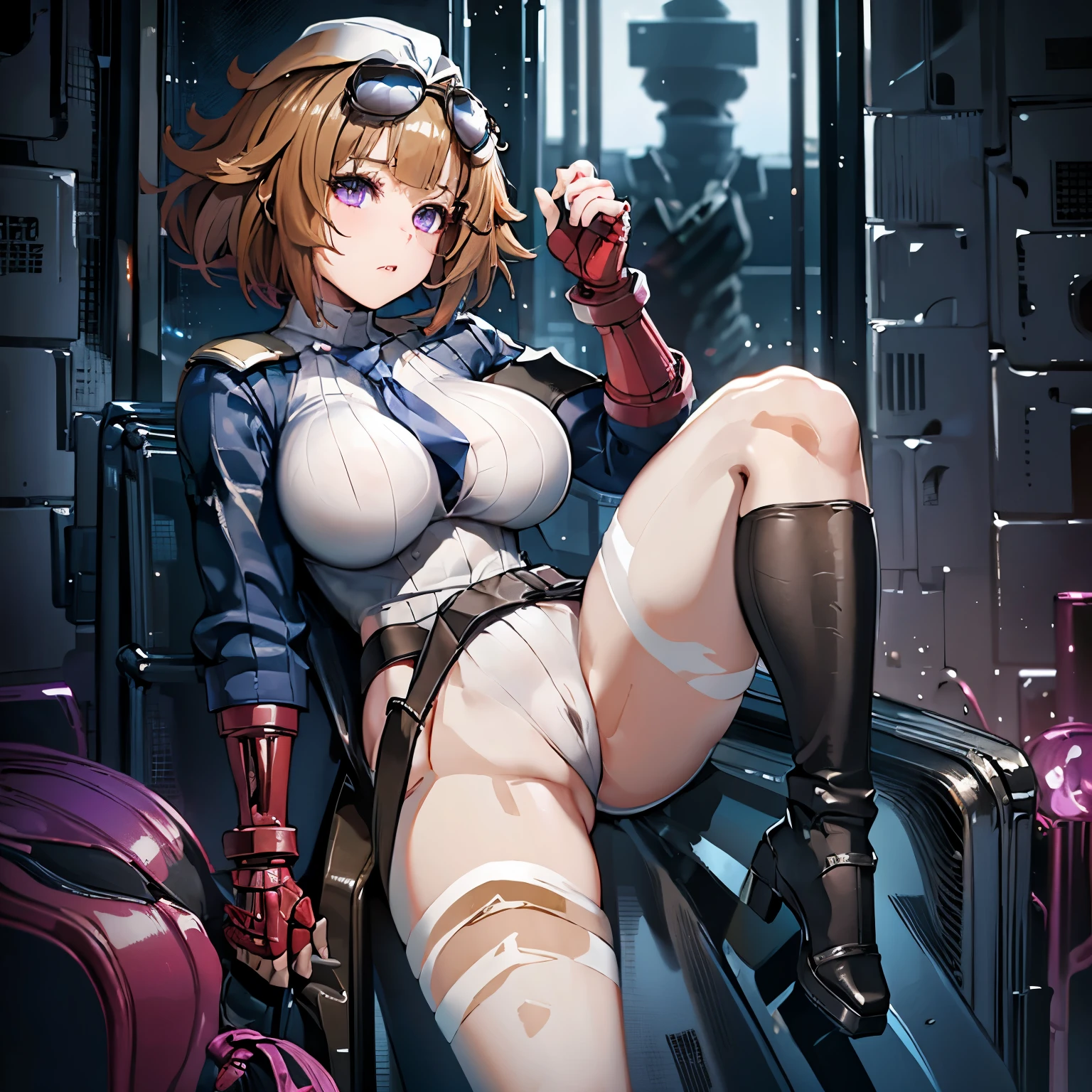 ultra-detailed, Explicit, Beautiful body, Beautiful Nose, Beautiful character design, perfect eyes, perfect face, ultra highres, 4K, beautiful legs, perfect legs, Nice hands, Perfect hand, Masterpiece, Best Quality, Highly detailed, illustration, absurdres, perfect anatomy, street fighter, doll suit, shadaloo doll, dollsuit, expressionless, blank eyes, looking at viewer, red gloves, emotionless, black latex, corrution, mind control, female combatant, full body, hypnotized, unhappy trance, full body suit, ribbed bodysuit, both arms at side, obey, perfect female body, extremely glossy latex, hypnosis, hypnoLora, empty eyes, Mind control device, poses, submissive_pose, Slave, standing straight, standing, standing at attention, hat, necktie, belt, latex, ribbed bodysuit, thighhighs, garter belt, Fighting Stance, extending the right arm from the shoulder into the air with a straightened hand, military, thigh boots, black pantyhose, (((pixel-perfect, detail-perfect))), solo, 1girl, hair ornaments, short hair, Brown hair, hair ribbon, purple eyes, Grizzly MKV, Girls' Frontline, huge breast, EYEWEAR ON HEAD, SUNGLASSES, BANGS, from behind, view from back, looking from back, ass