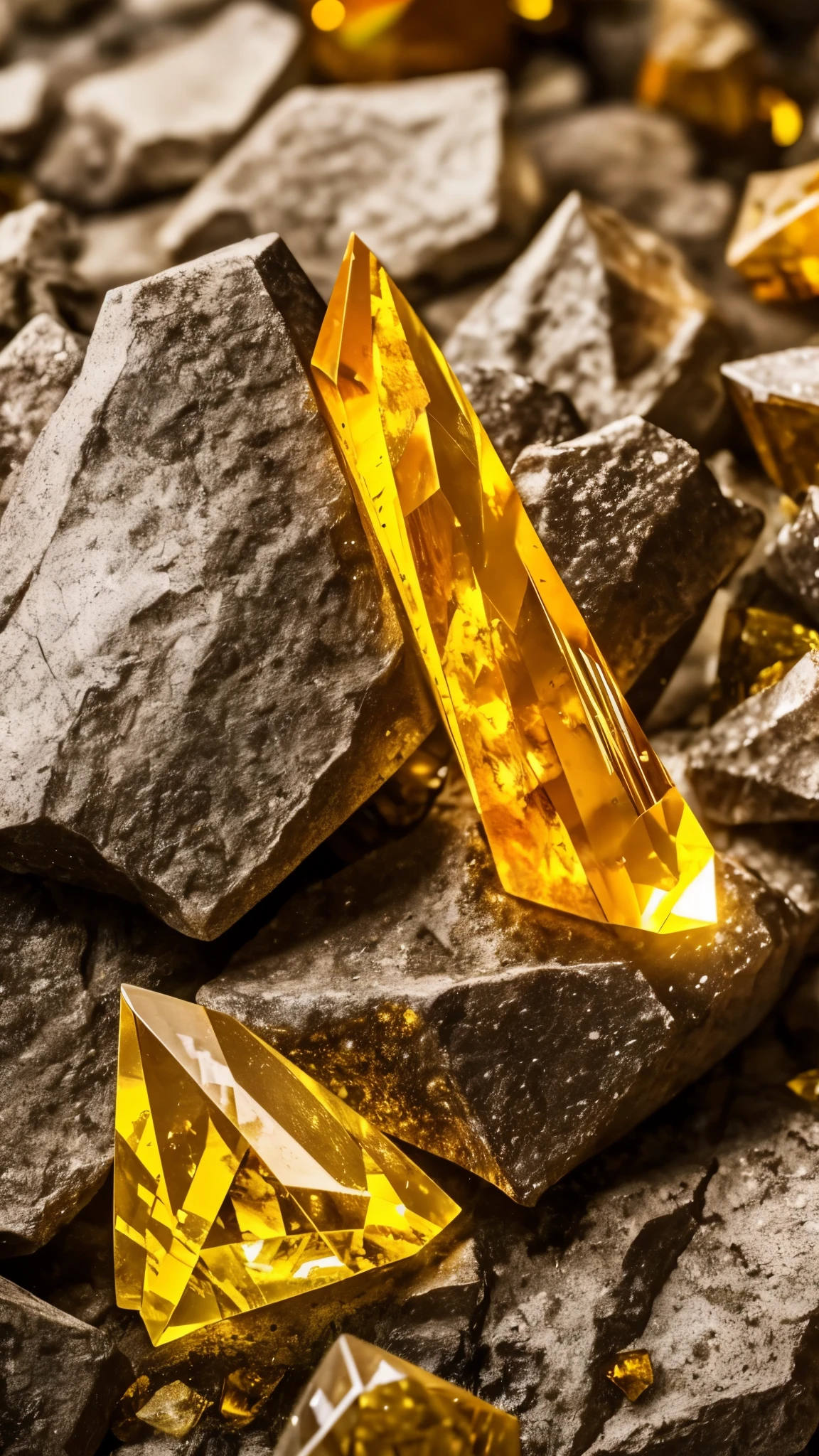 a close up of a yellow crystal on a rock in the woods, a macro photograph by Hans Werner Schmidt, flickr, crystal cubism, yellow crystal gem, glowing amber, glowing crystal on a rock, crystalline!!, beautiful crystals, translucent crystals, crystal formation, crystal clusters, elestial crystals, cave crystals, quartz crystal, crystals enlight the scene