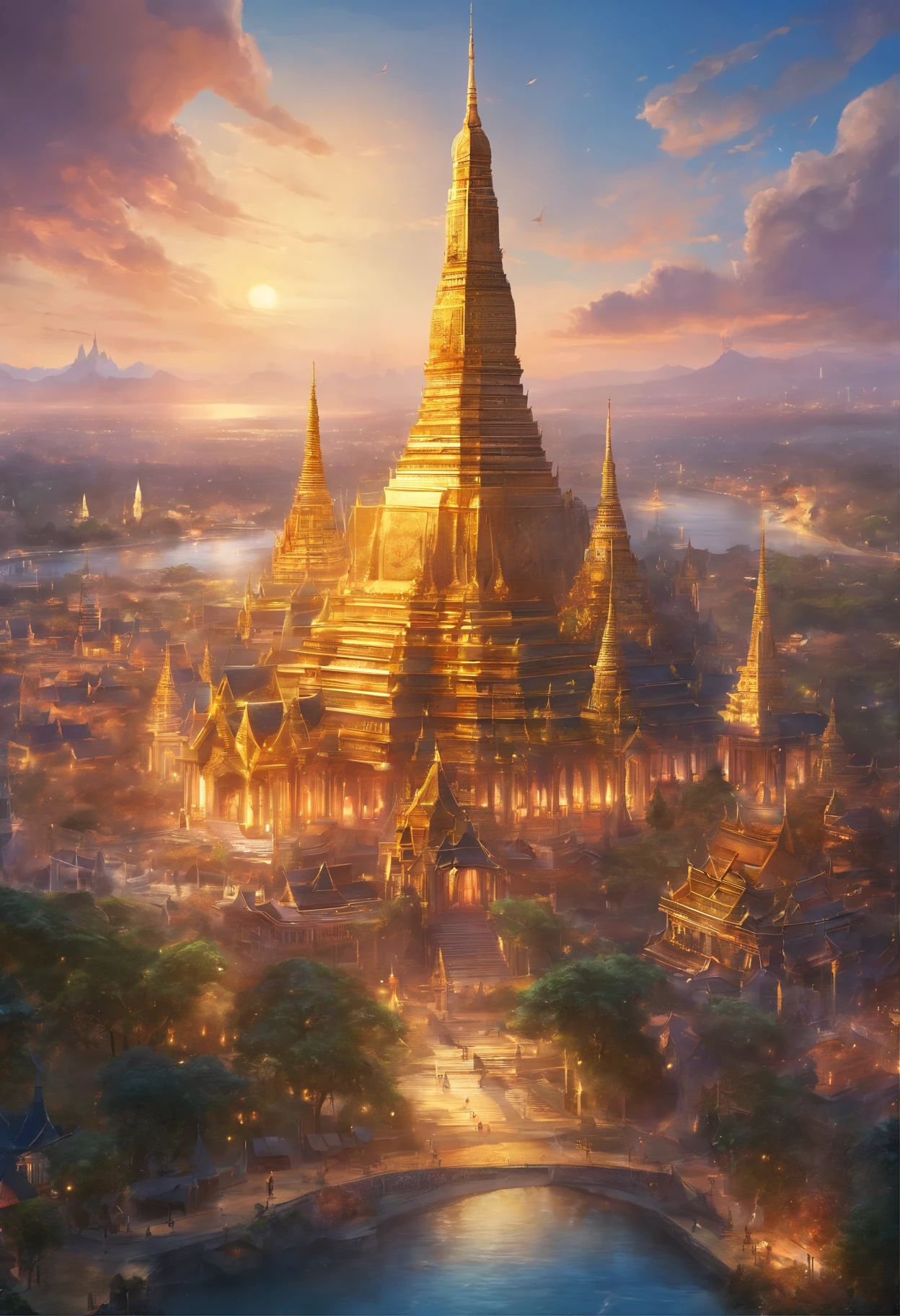 An anime-style aerial view of Bangkok, with a focus on the glittering Wat Arun temple at the heart of the city.
The intricate details of the temple's architecture are highlighted in gold, standing majestically along the riverbank.
The surrounding cityscape basks in the bright, clear sky, showcasing a harmonious blend of tradition and modernity.
