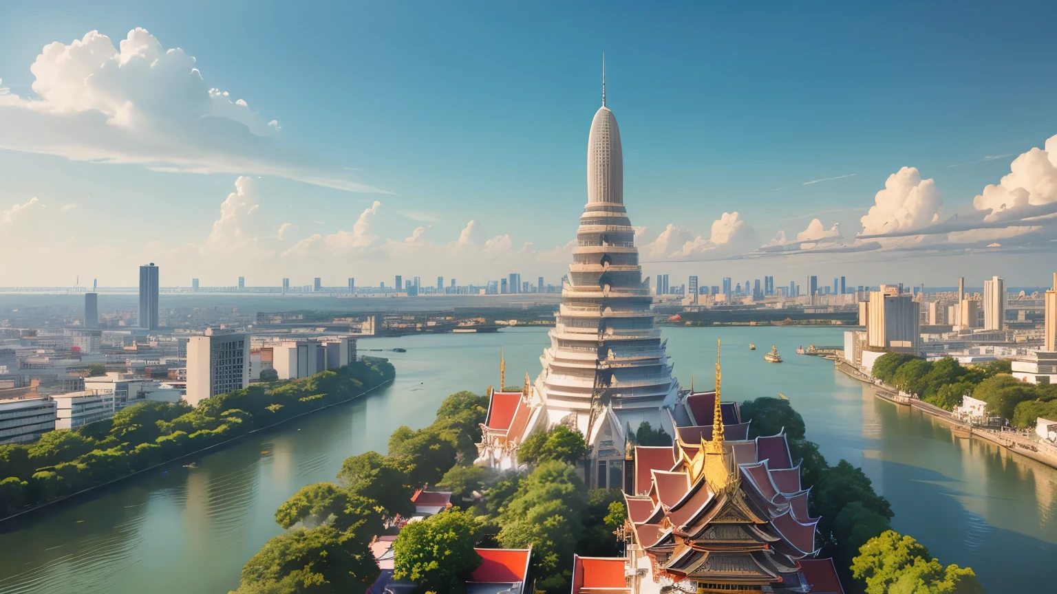 An anime-style aerial view of Bangkok, with a focus on the glittering Wat Arun temple at the heart of the city. The intricate details of the temple's architecture are highlighted in gold, standing majestically along the riverbank. The surrounding cityscape basks in the bright, clear sky, showcasing a harmonious blend of tradition and modernity.