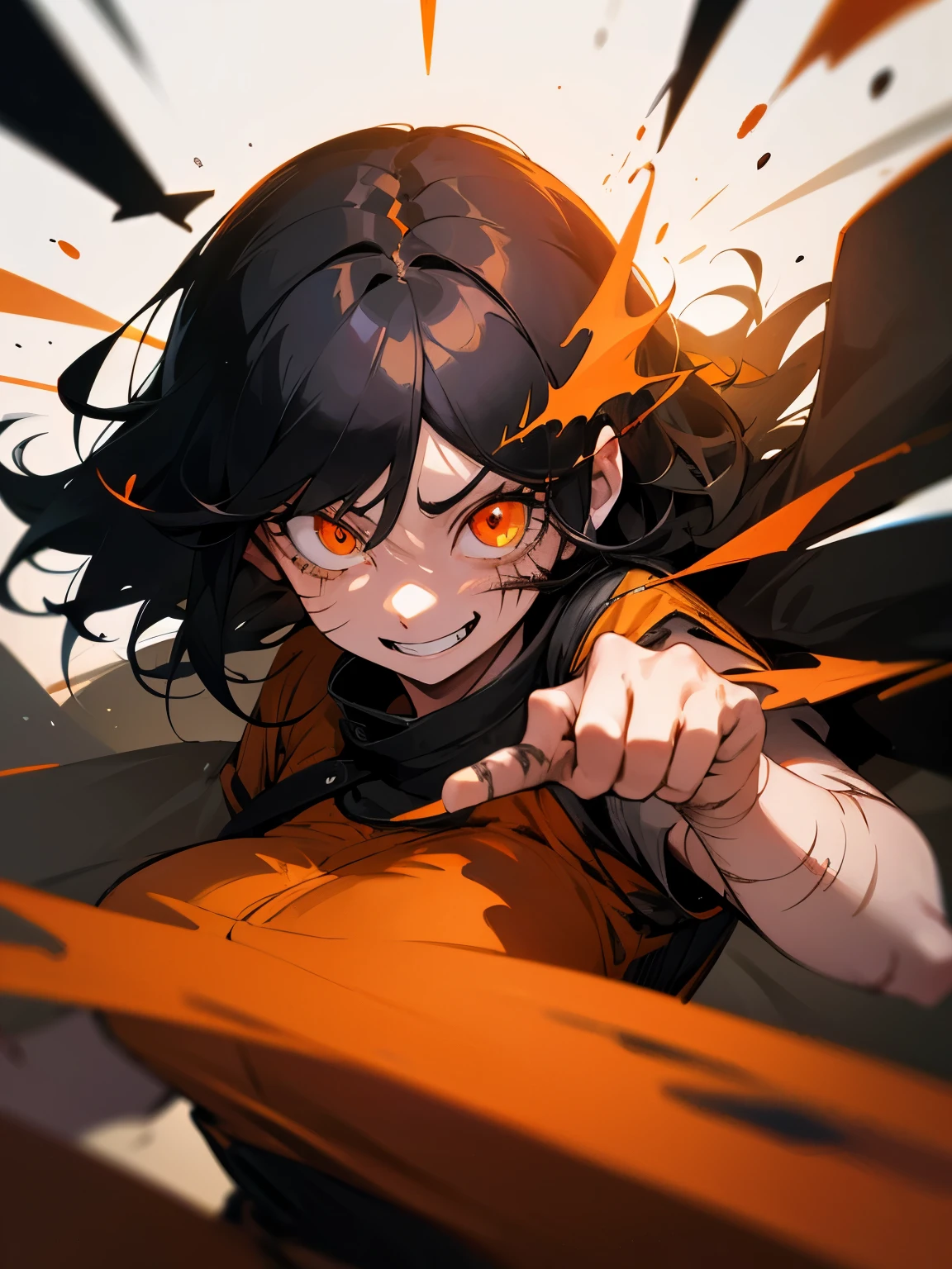 Best Quality, super detailed illustration, A girl, (Crazy orange eyes:1.2),(wide eyes:1.2), (short disheveled black hair:1.2),(crazy smile:1.2) ,(Scars:1.2), combat pose,