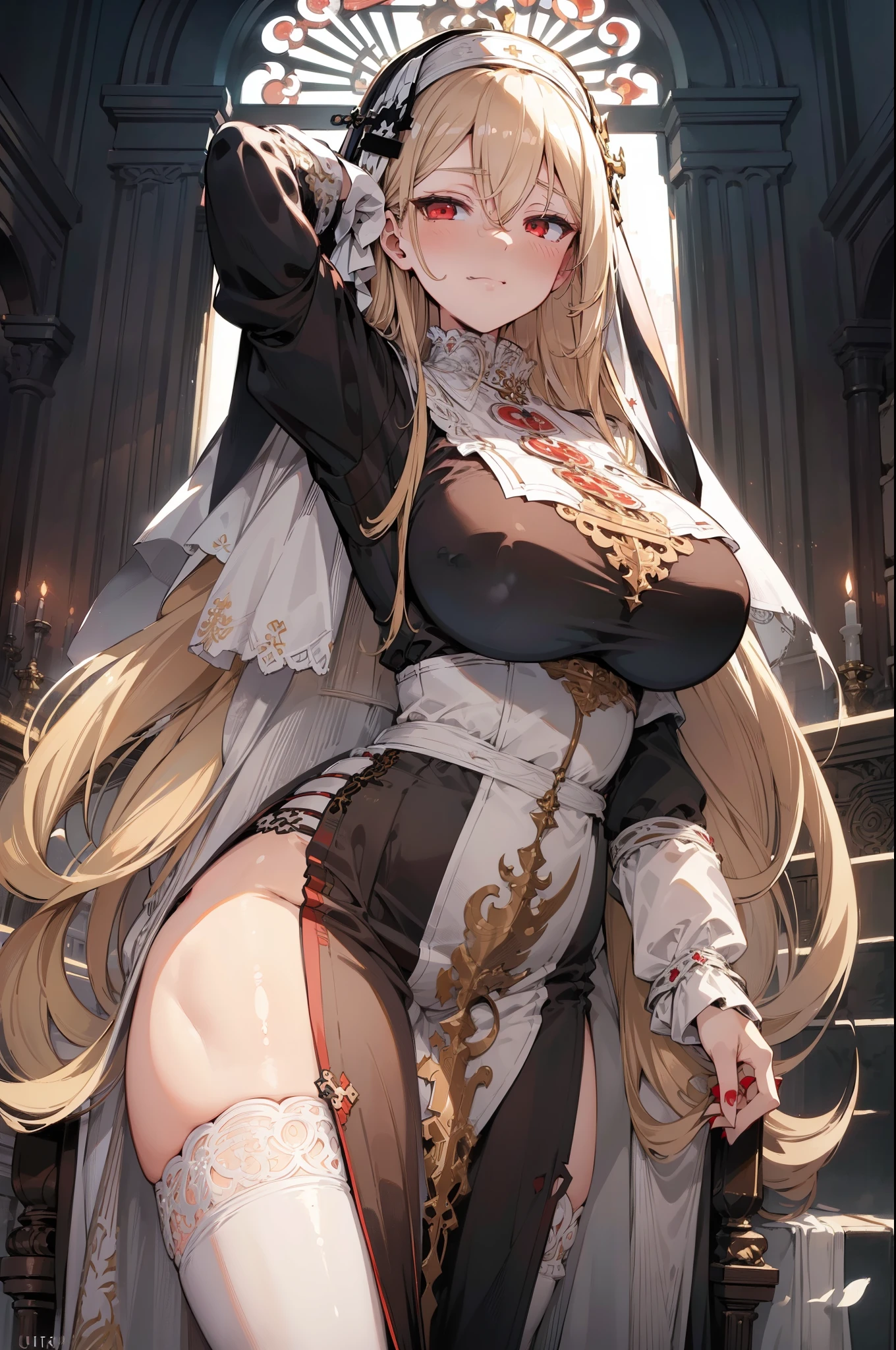 (best quality:1.3), (masterpiece:1.3), (illustration:1.3), (ultra-detailed:1.3), (mid shot:0.9), 1girl, long hair, blonde hair, bangs, hair between eyes, large breasts, red eyes, blush, nun, standing, tall, seductive, seductive smirk, habit,