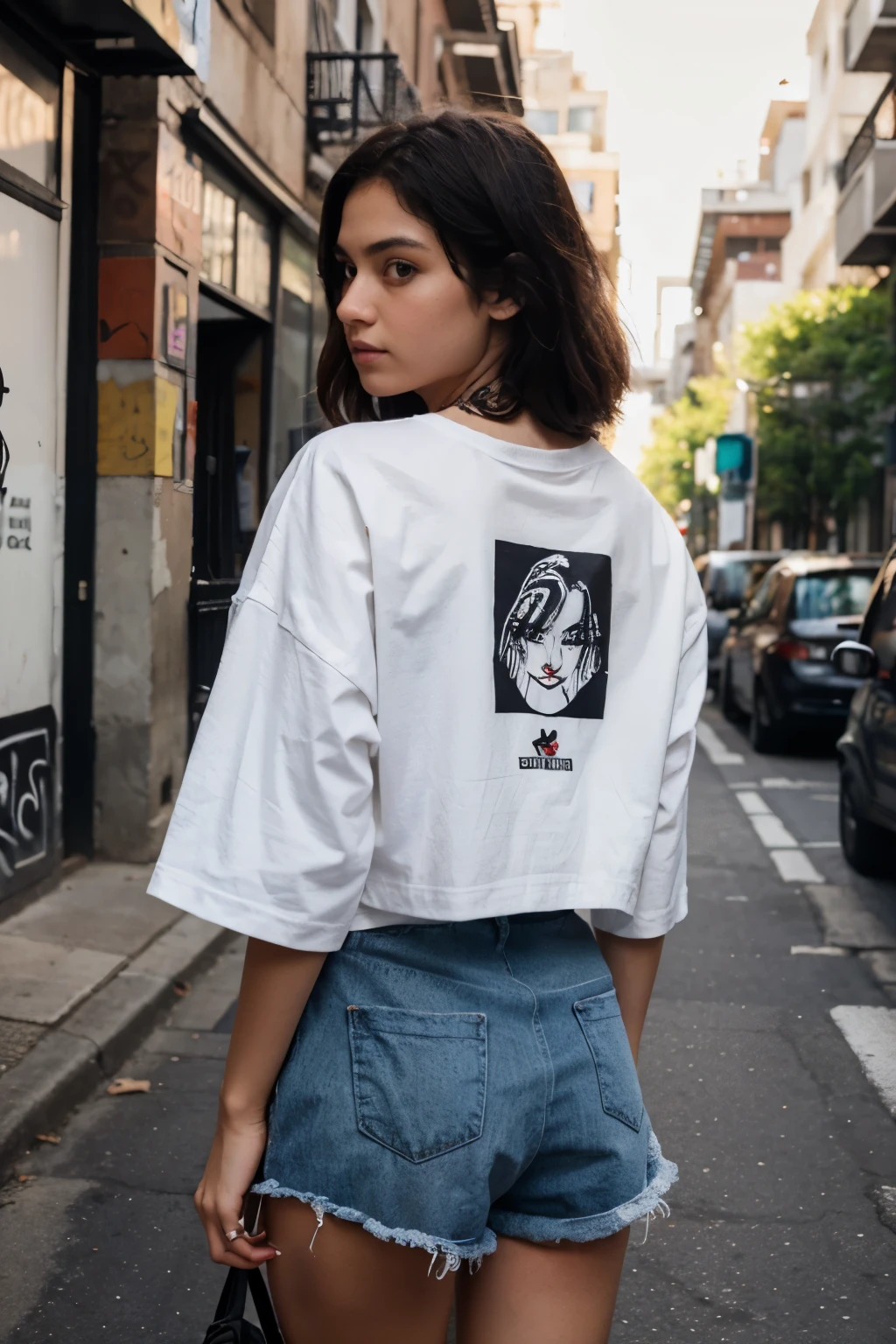 Create a girl with
 a basic oversized t-shirt on the back on a street with graffiti