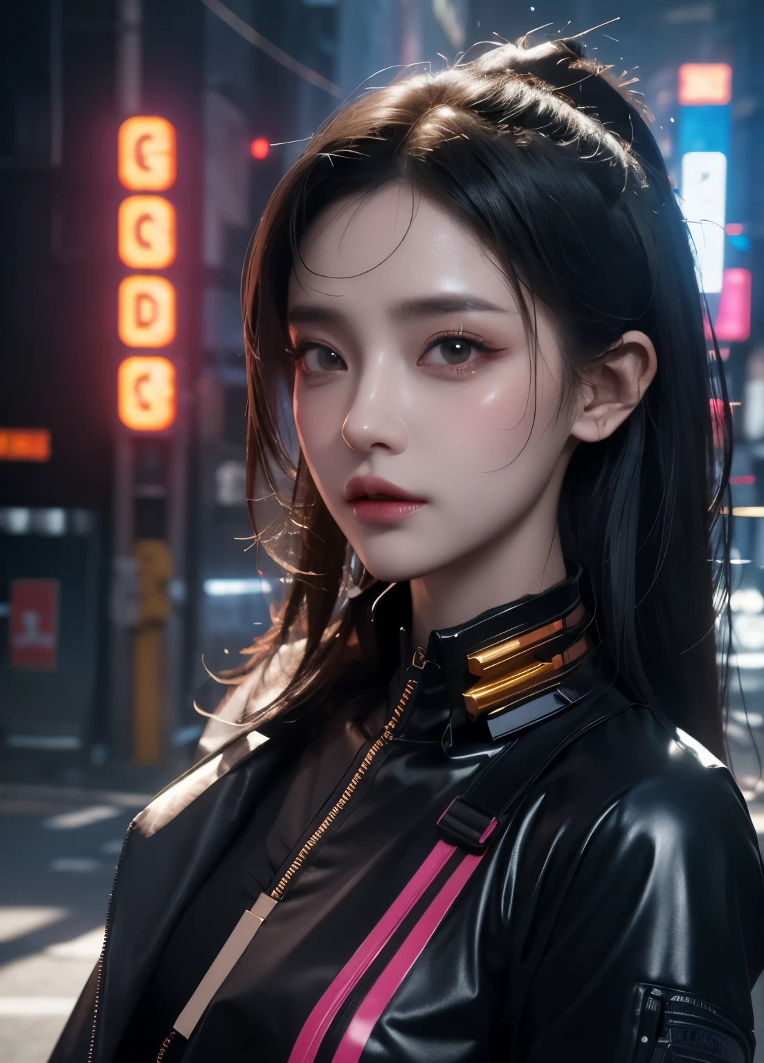 (Best Quality, Masterpiece, Ultra High Definition, High resolution, highly detailed, High Definition Face:1.5), 20-year-old woman, 1 beautiful woman, (Beautiful woman wearing a leather jacket, neon color fashion:1.2), beautiful eyes, light in the eyes, eyes are in focus, white skin, Glossy, shiny skin, very Fair skin, (film photography style, Background neon light, City of night, cyber punk:1.2), violently fluttering hair, random hair styles, random hair color, Slim, Big Breasts