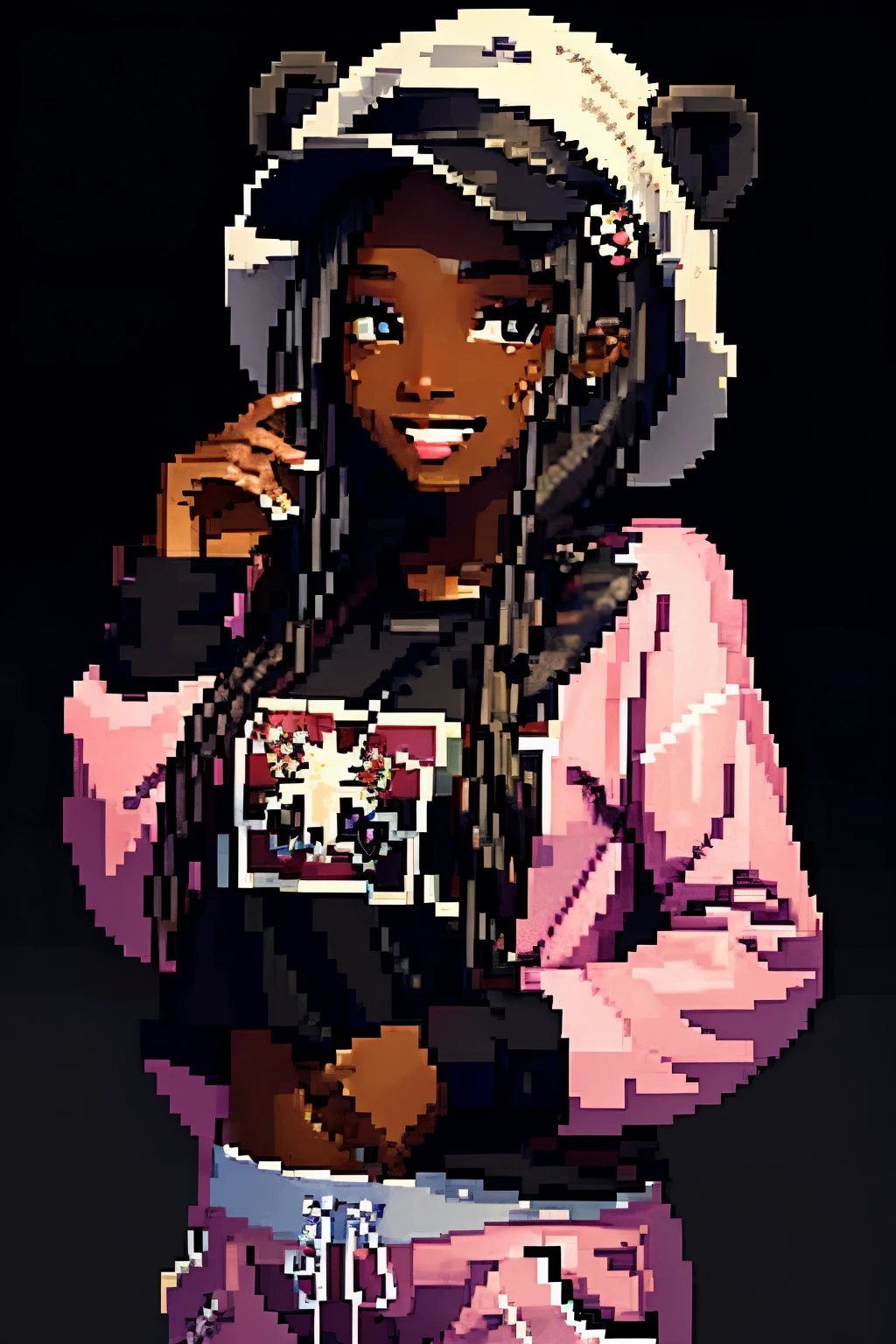 (best quality,highres),1blackgirl,beautiful detailed eyes and face,smiling face,beautiful detailed lips,longeyelashes,2bear-ear hats,happy expression,sweatpants,comfortable clothes,studio lighting,vivid colors