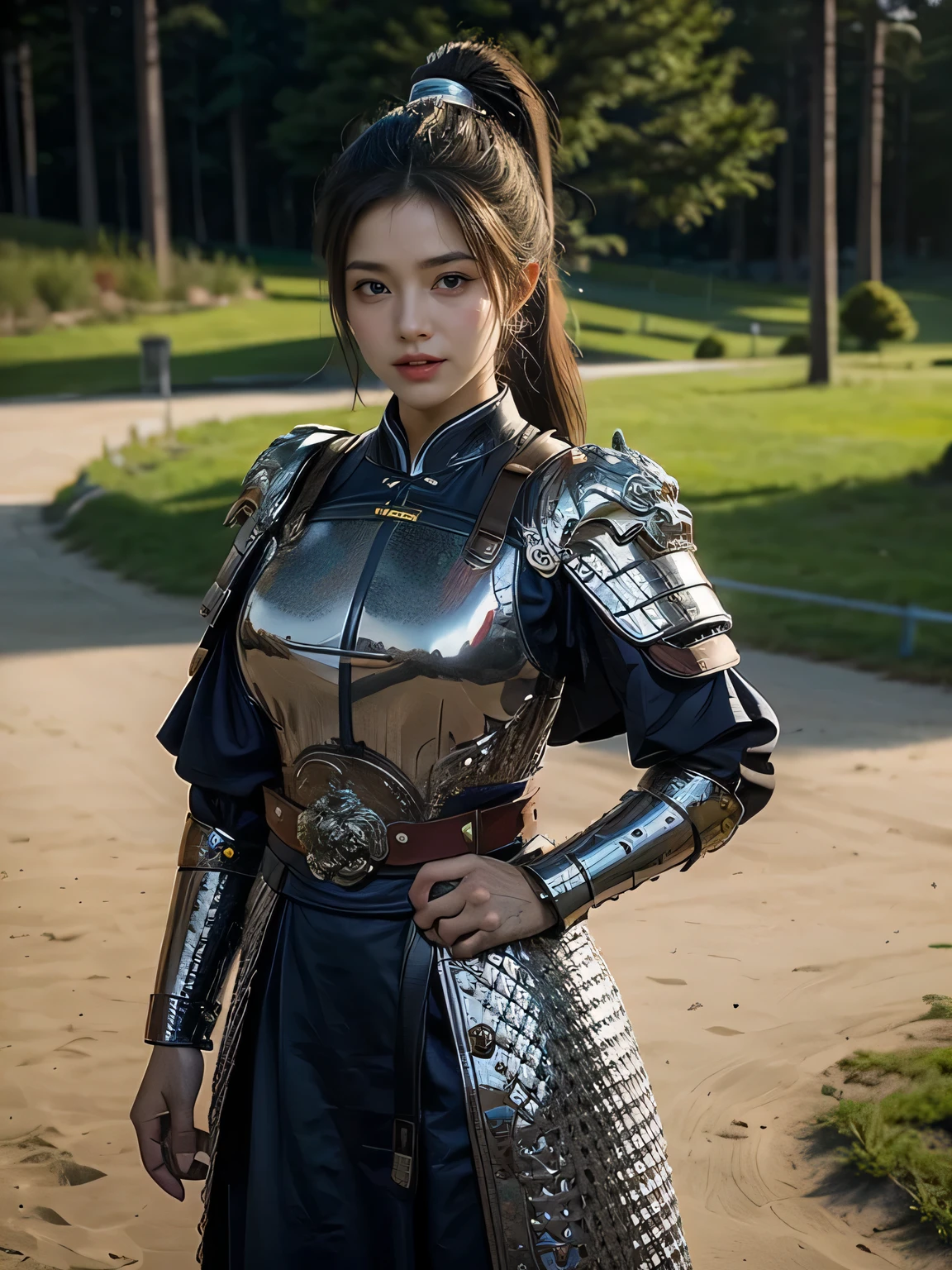 masterpiece,Best quality,HD quality,face close-up,A high resolution,8K,Ancient battlefield background, ((field:1.8)),(Female generals on the battlefield in the Han Dynasty),18-year-old girl,(long ponytail hairstyle),cparted lips,Full and erect breasts,Noble and charming,Elegant and serious,Chinese armor,sword, Chinese architecture, Blue by Capelet,,The combination of white metal and red leather,chest armor,metallic luster,Leather buckle,Exquisite pattern,mysterious badge,Cool and gorgeouig breasts)),Chest groove,Three Kingdoms character painting style,Photo pose,oc render reflection texture,charming smile,Head-up shot,bright afternoon,woodland background
