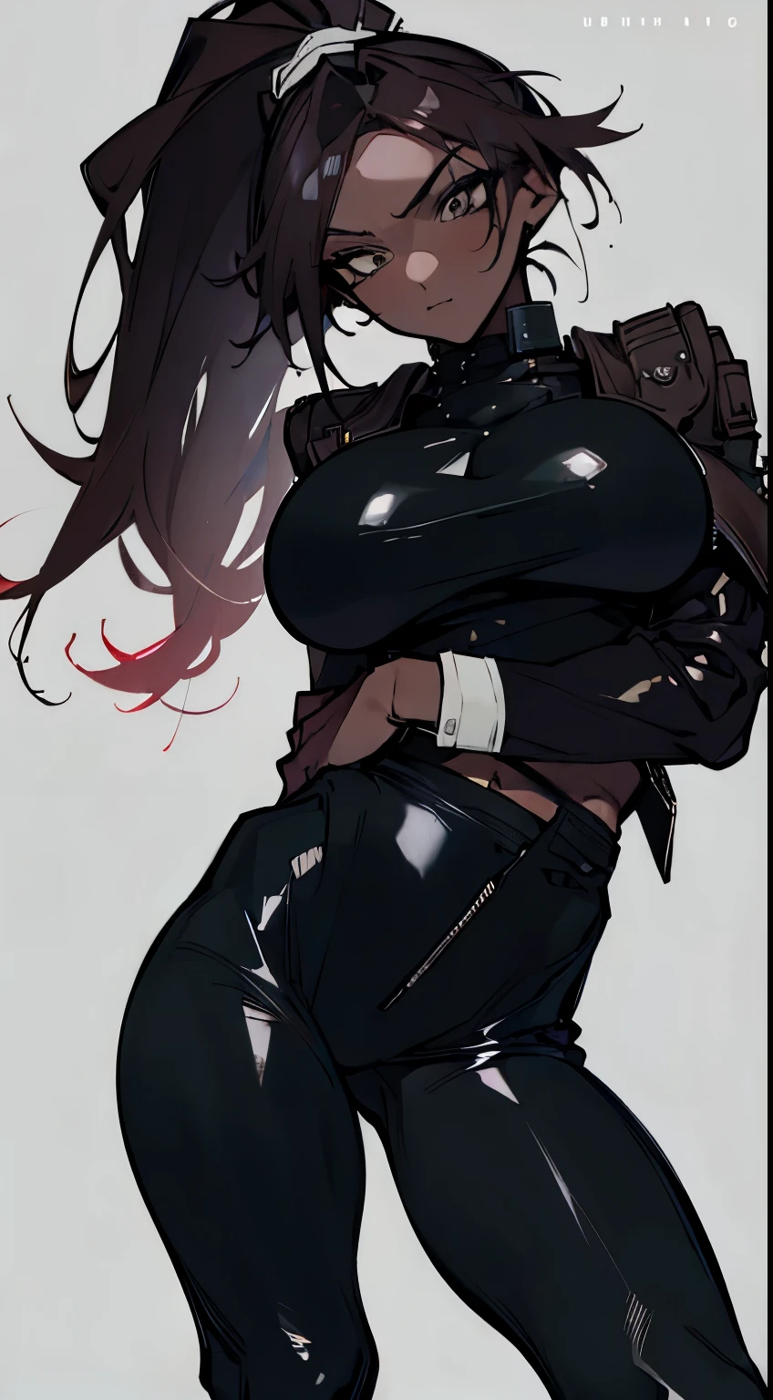 (High resolution), (In 8K), (extreme details), (Best Illustration), (beautiful details), (highest quality), (Masseter muscle part), ( detailed face), ((dark skinned woman)),ponytail、comb one&#39;s hair、one hand is on the waist ((Black Leather Riders Jacket、black leather pants))a ferocious look、Full body Esbian、realistic fantasy rendering, realistic anime girl rendering, full body portrait, (big breasts: 1.4) Popular at CG Station, 4k,Put highlights in the eyes