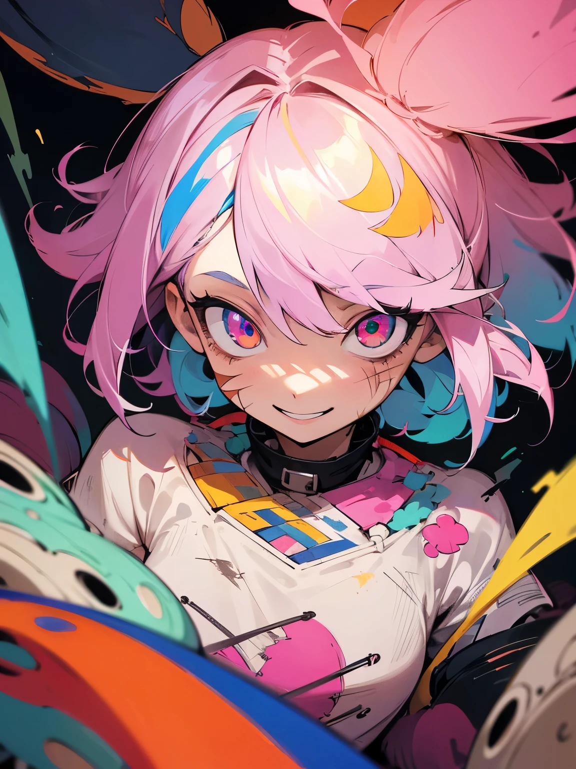 Best Quality, super detailed illustration, A girl, (Crazy random color eyes:1.2),(wide eyes:1.2), (short disheveled multi color hair:1.2),(crazy smile:1.2) ,(Scars:1.2),