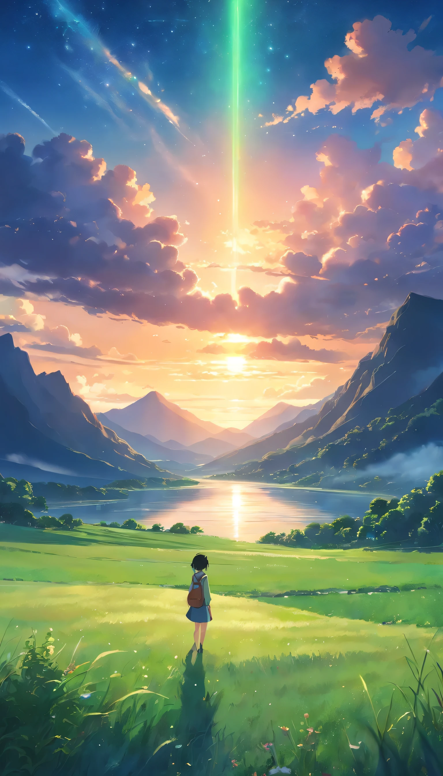 , River, beautiful sunset, Big clouds, Green grass, sad atmosphere, stars visible among the clouds, space, a ray of sunshine illuminates the world, Masterpiece, Mountains