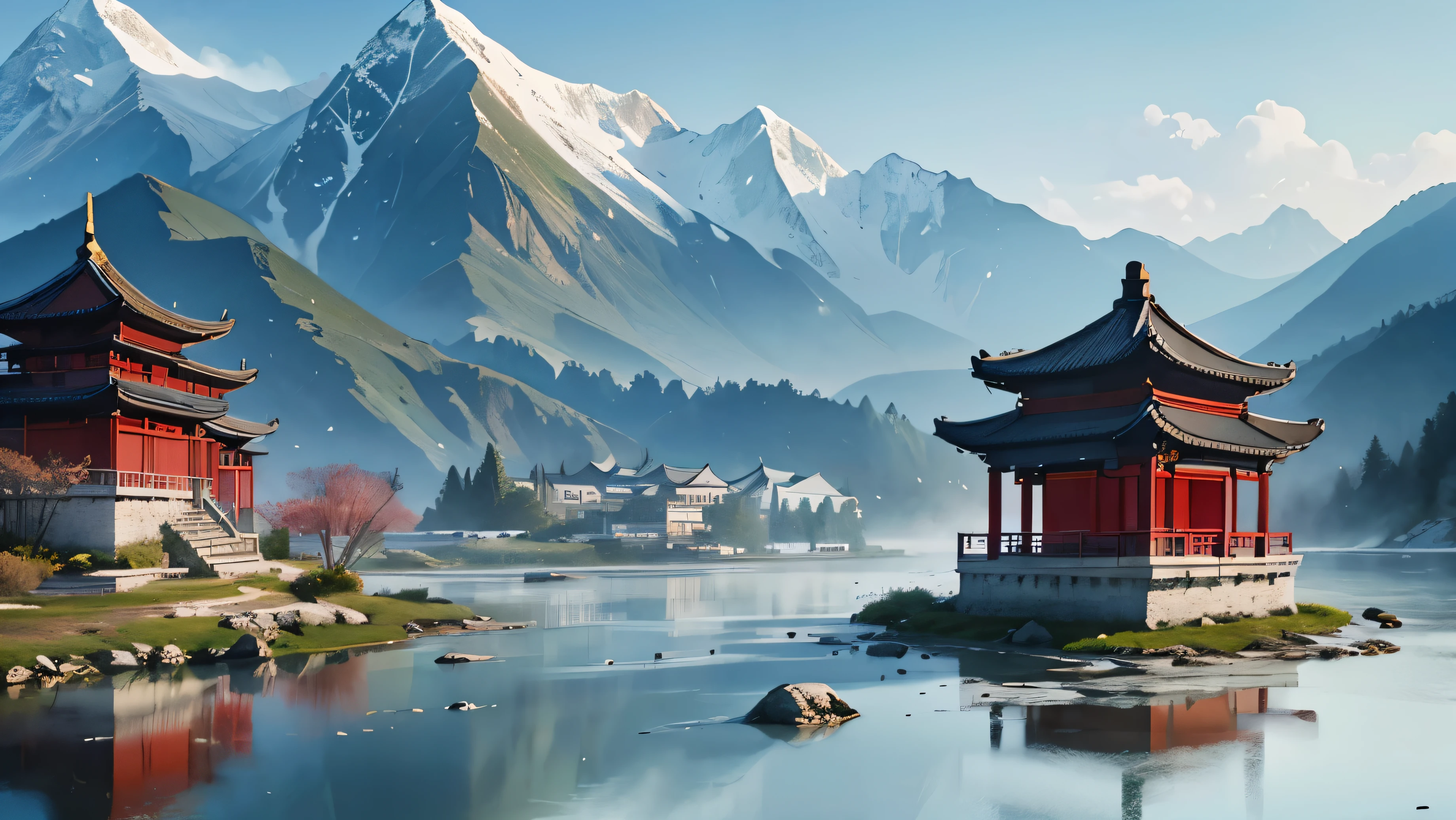 spring, Chinese watercolor painting, landscape, traditional building, Multi-layer combination, frosted glass material, Chinese traditions, Fantastic picture, winding graphics, subtle gradient, Quiet and harmonious, graphic design inspiration, illustration--sref
